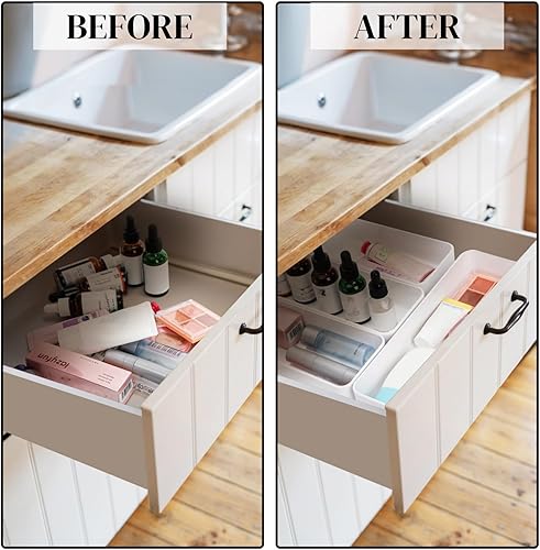 Miniatura 4 de Paquete de 6 organizadores de cajones de plástico, 10 x 3.3 x 1.8 pulgadas, bandeja de almacenamiento apilable blanca, cubos organizadores