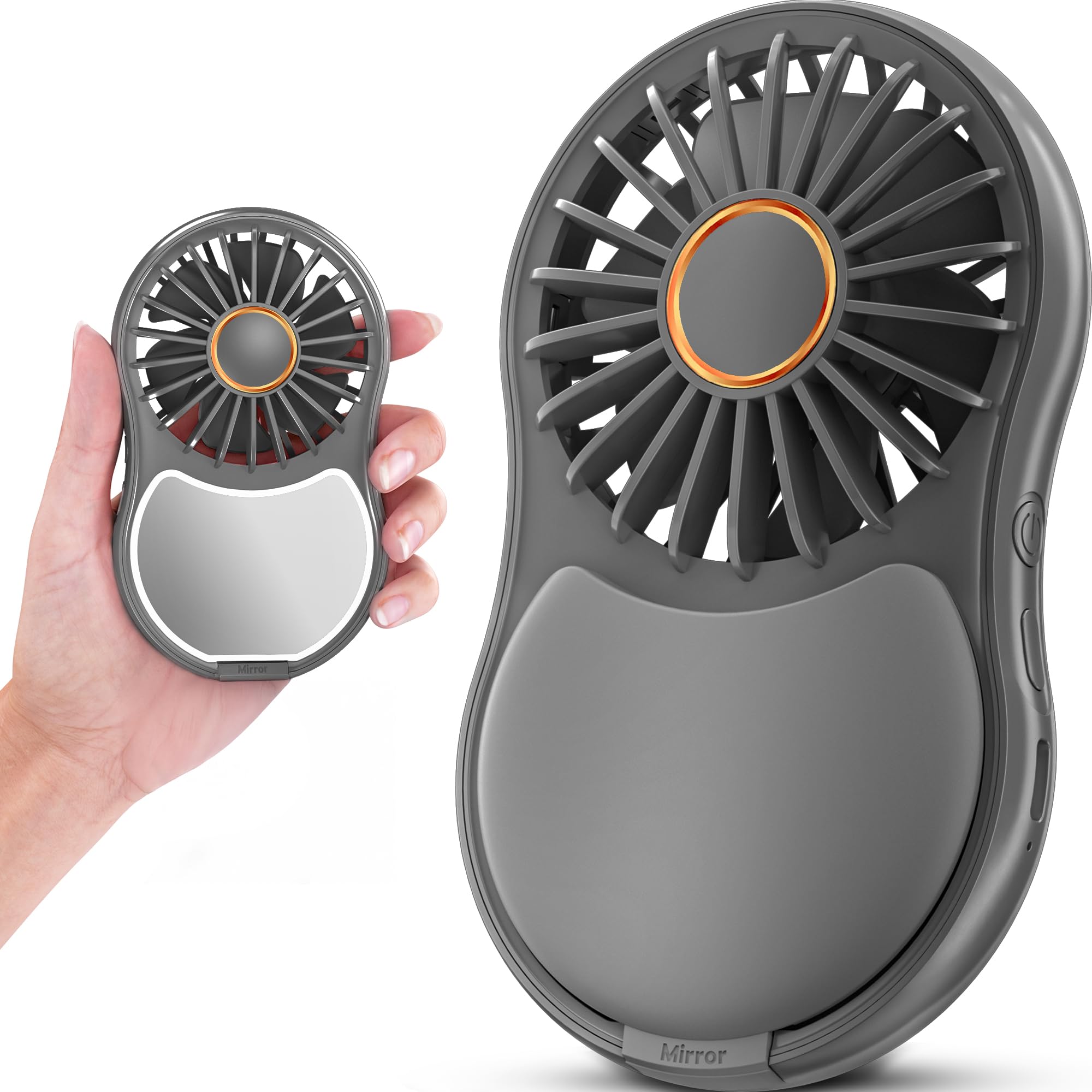 FrSara Portable Handheld Fan, 3-Speed Mini Pocket Lash Fan with Makeup Mirror & LED, USB-C 2000mAH Rechargeable Personal Cooler with stand for Home, Office, Outdoor, Ideal for Women, Black