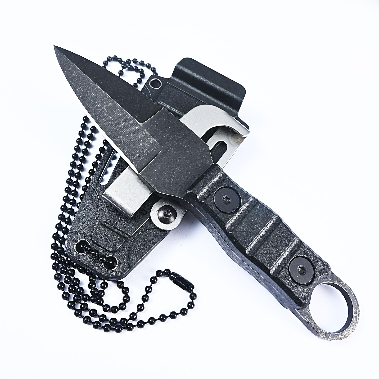HUNTER FORCE Stonewash Compact Fixed Blade Knife, Full Tang with K-sheath, Classic Handle, Necklace included, for EDC, Outdoor, Camping, Hiking