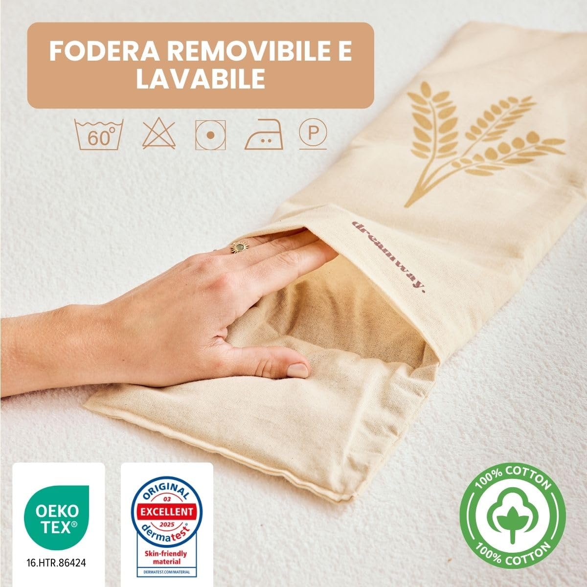 Dreamway - Cuscino riscaldante per microonde con semi di grano 53x20 cm - Cuscino termico naturale per dolori al collo, schiena e spalle - Fodera lavabile 100% cotone