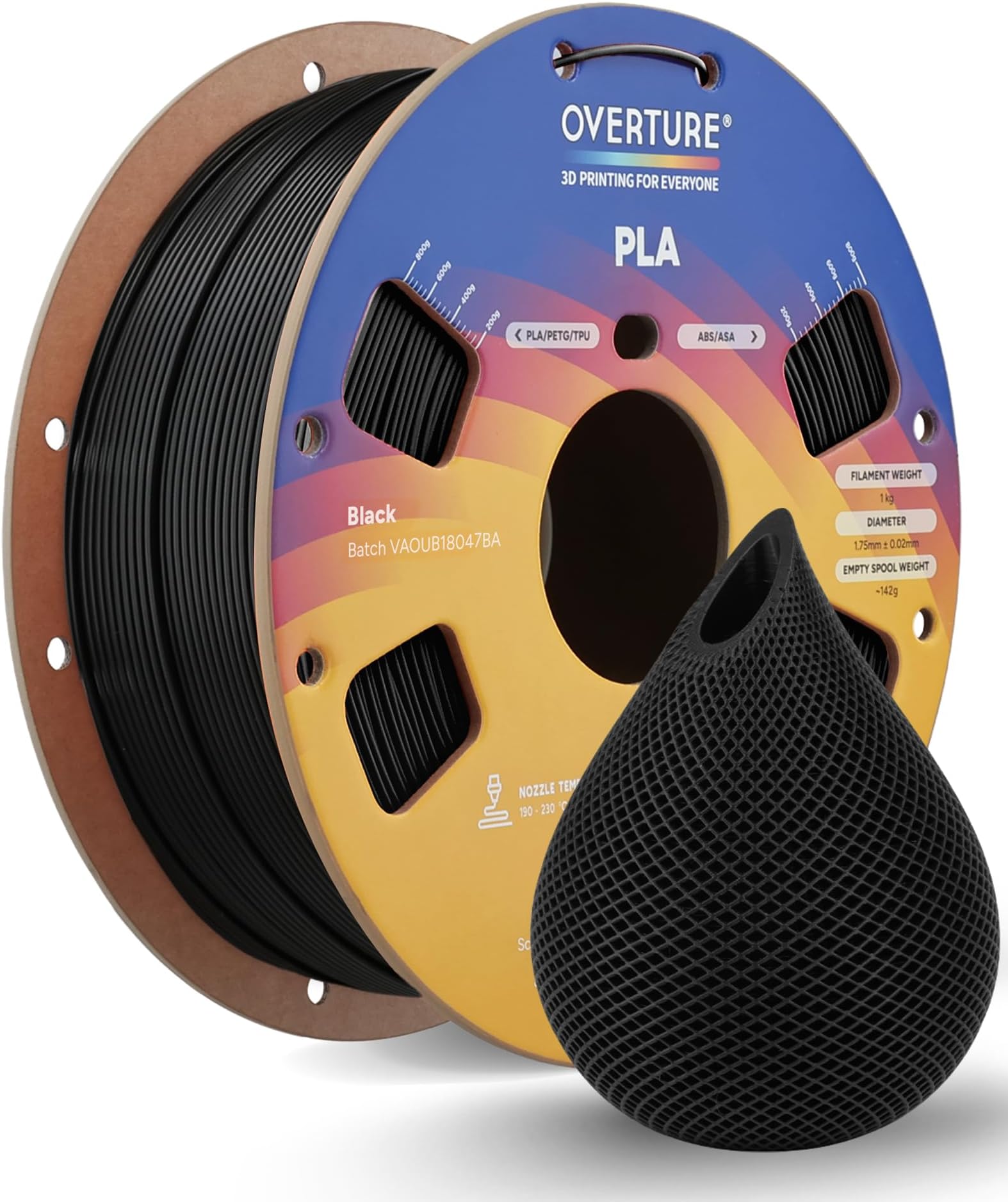 OVERTURE PLA Filament 1.75mm with 3D Build Surface 200mm x 200mm 3D Printer Consumables, 1kg Spool (2.2lbs), Dimensional Accuracy +/- 0.05 mm, Fit Most FDM Printer, Black