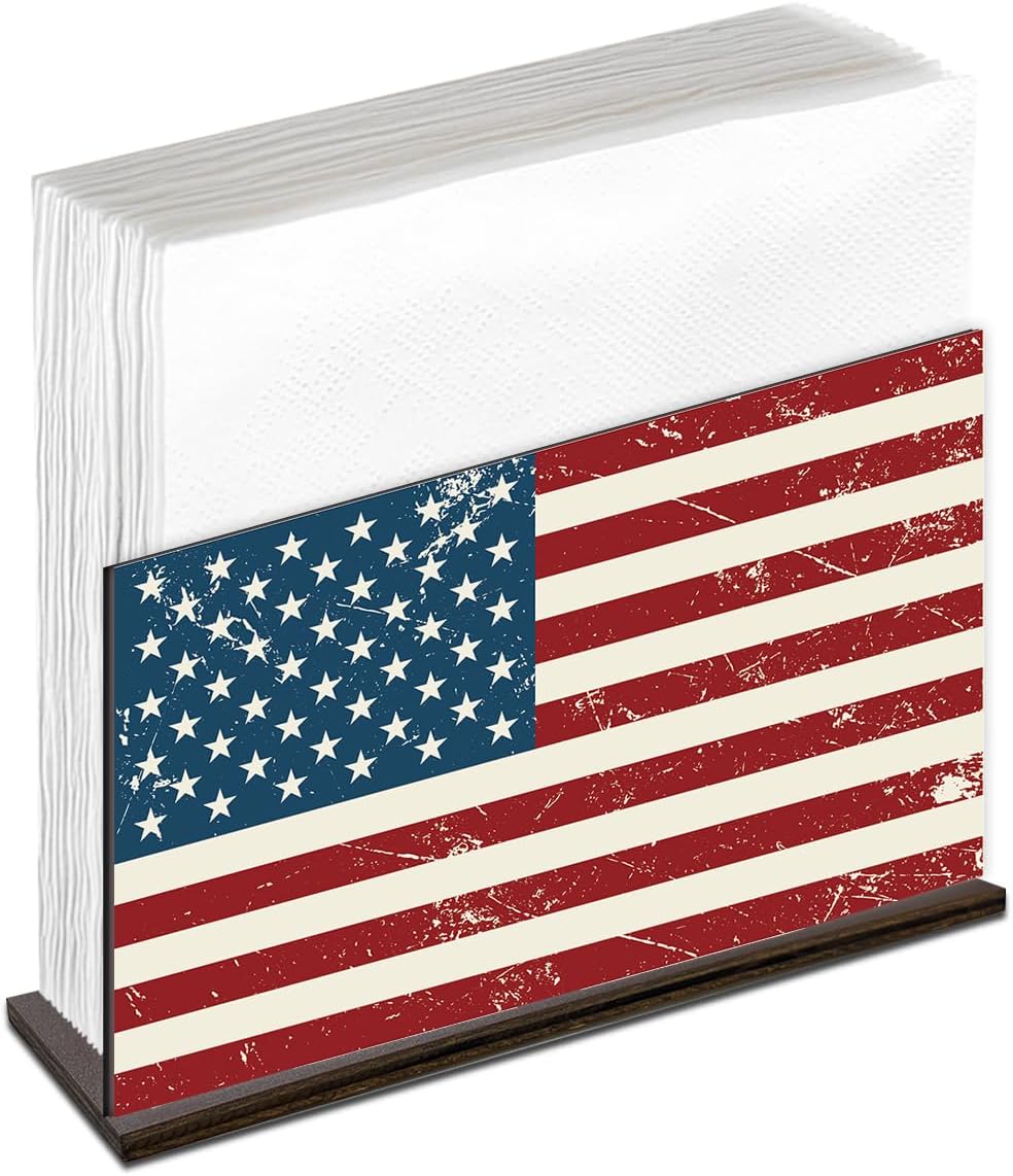 American Flag Design Wooden Napkin Holder, Rustic 4th of July Decor Patriotic Tissue Dispenser for Table Kitchen Dining Room Coffee Station Home