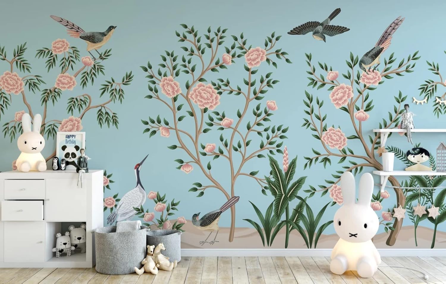 Garden Tree Birds Crane Floral Pink Flowers Blue Background Peel and Stick Wallpaper Wall Mural Wall Removable 100''H x 150''W