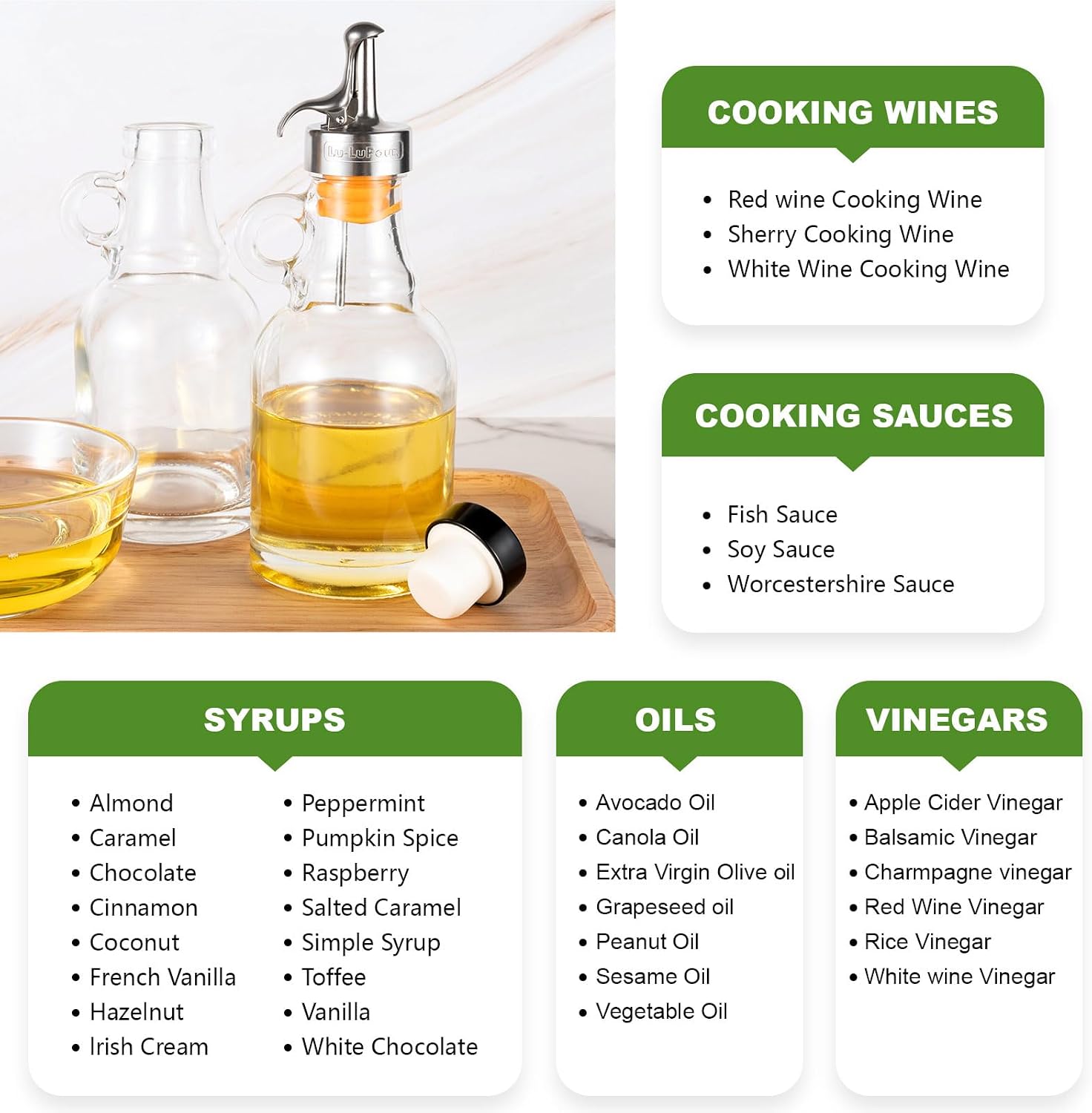 Olive Oil Dispenser Bottle, Oil Holder for Kitchen,Cooking Bottle Spout, Vinegar Dispenser Set,Glass Dispenser with Stainless Steel Spout -Give Away A Glass Bottle with handles and 1 Stopper