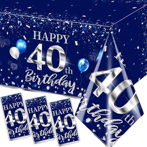 Miniatura 59 de GREHUMOR Mantel de feliz cumpleaños de 3 piezas, color azul plateado, suministros para fiesta de cumpleaños 30, funda de mesa desechable de plástico