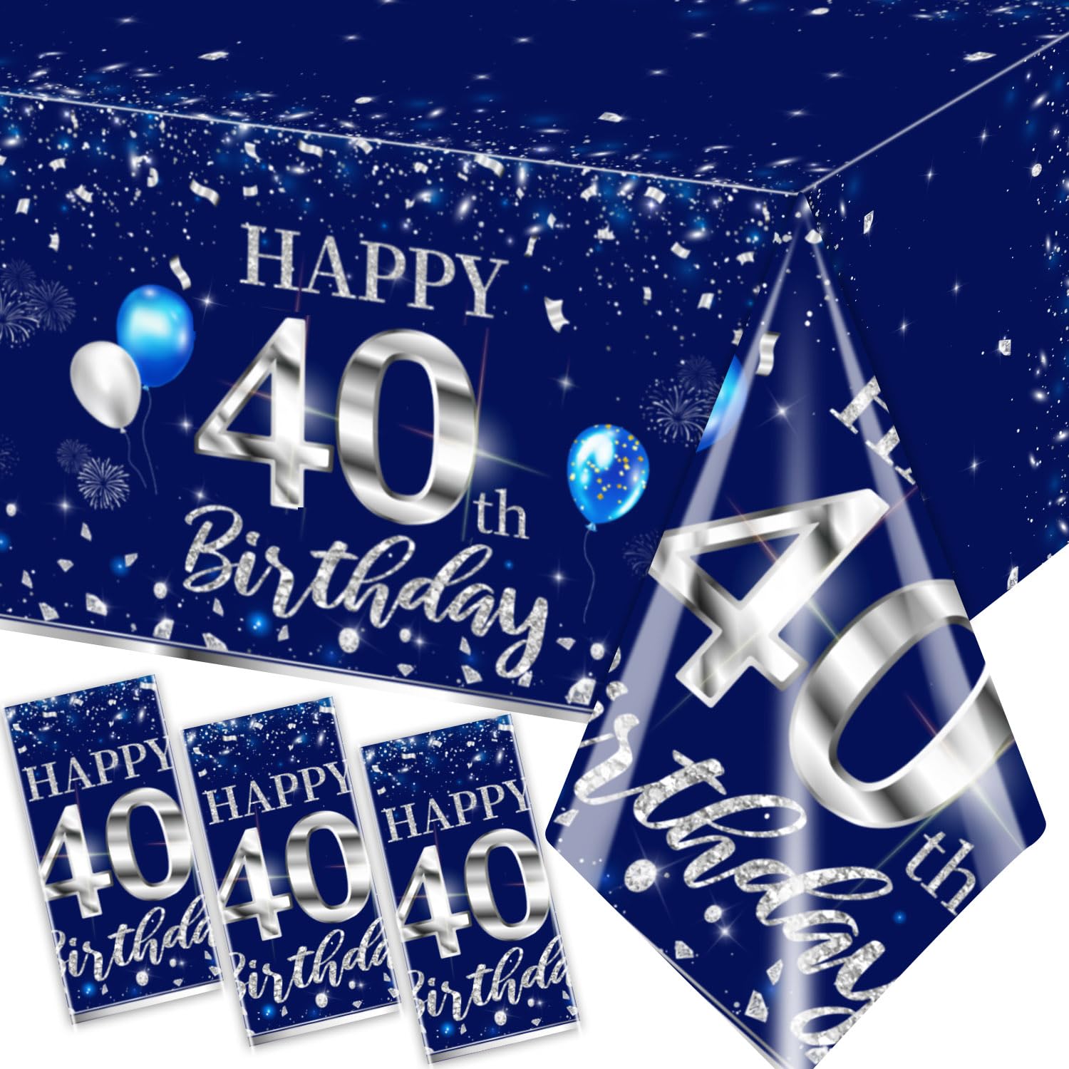 GREHUMOR 3pcs 40th Birthday Tablecloth Silver Blue Happy Birthday Decorations for Men 40 Years Old Birthday Party Supplies Disposable Plastic