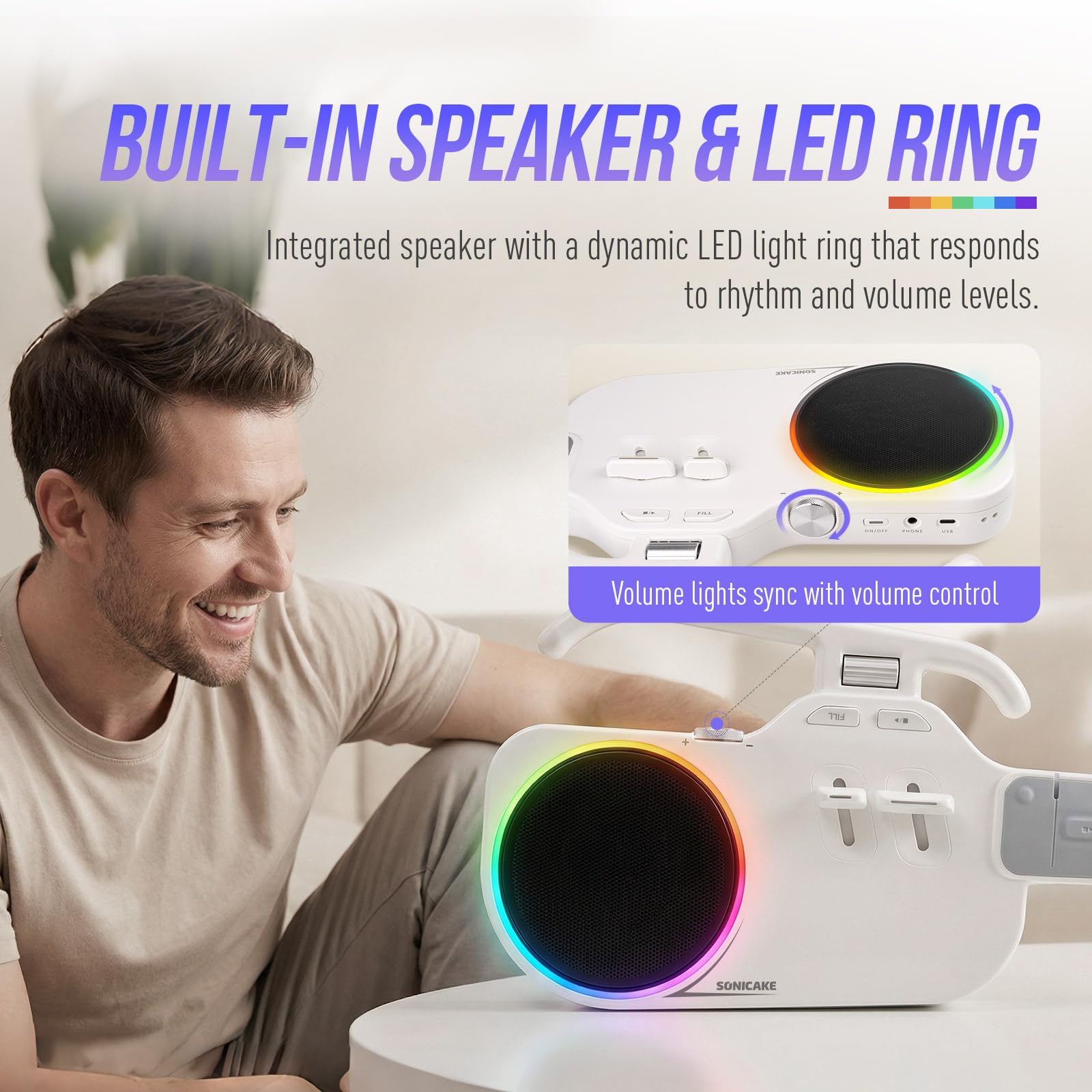 SONICAKE Chitarra Intelligente Senza Corde, Ukulele Digitale con Tastiera Illuminata per Principianti, Strumento da Viaggio Portatile con Altoparlante BT 10W Integrato, Auto Accompagnamento e App
