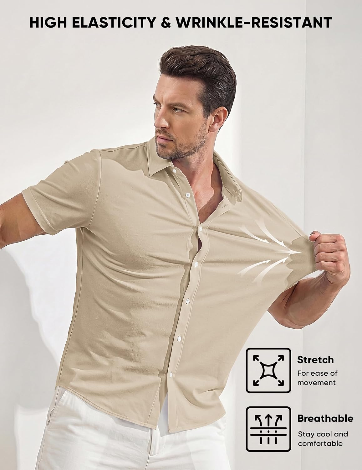 JMIERR Men's Muscle Fit High Stretch Wrinkle-Free Button Down Dress Shirts Summer Casual Short Sleeve Shirt