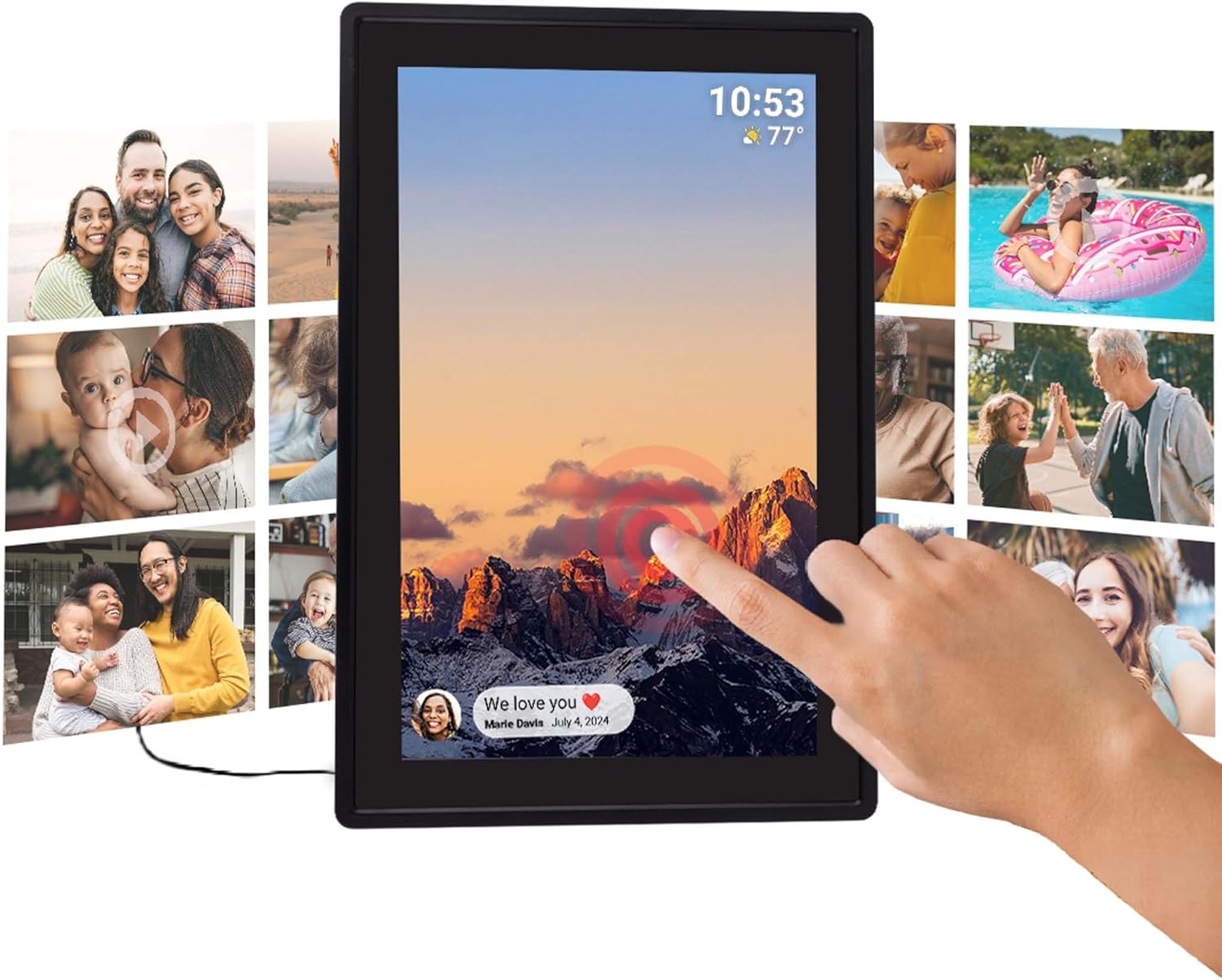 A hand interacting with the touchscreen of the Tiqvi Digital Photo Frame, showing a photo and a notification.
