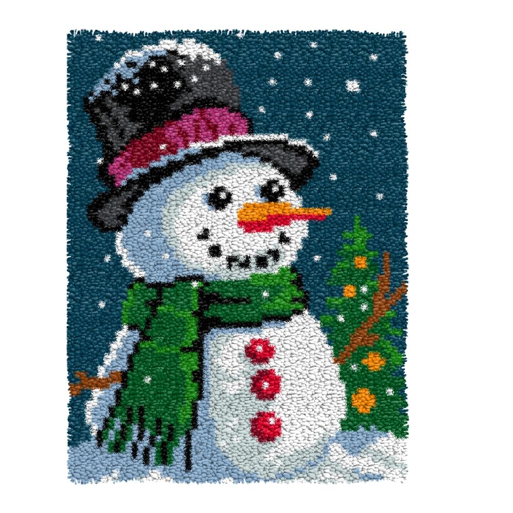 Zfflyh Snowman Latch Hook Kits For Adults, Diy Crochet Yarn Rugs Hooking Craft Kit Colour Pre-Printed Canvas Rug Cross Stitch Crocheting Embroidery Tapestry Home Decoration 20.5''X15'',