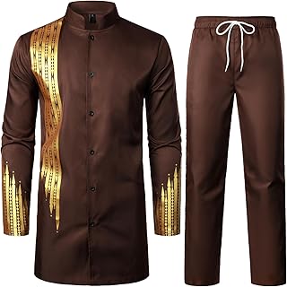Men's Kente Print Suit Long Sleeve Button up African Dashiki Shirt and Pants Ethnic 2 Piece Outfit