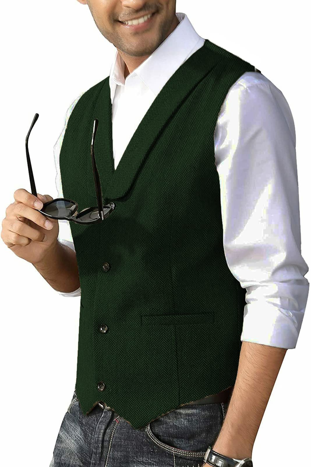 Herren Anzugweste - Herren Regular Fit Anzug Weste Schal Revers Einreihig Herringbone Tweed Weste Formelle Hochzeit Party Mit Taschen Weste
