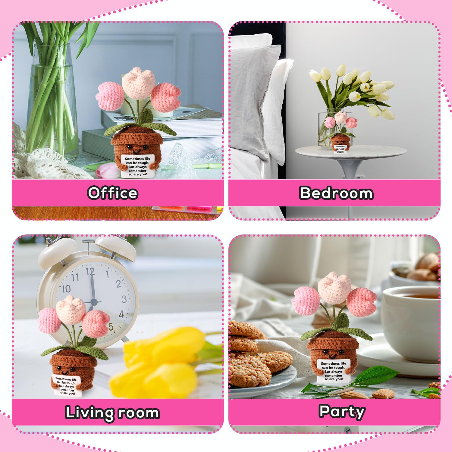 TOYMIS Tulipano Positivo, Giocattolo All'Uncinetto Fatto a Mano Decorazione Ispiratrice Bambola Emozionale con Biglietto Motivazionale Fiore Lavorato a Maglia Regalo per la Mamma Decorazione (Viola