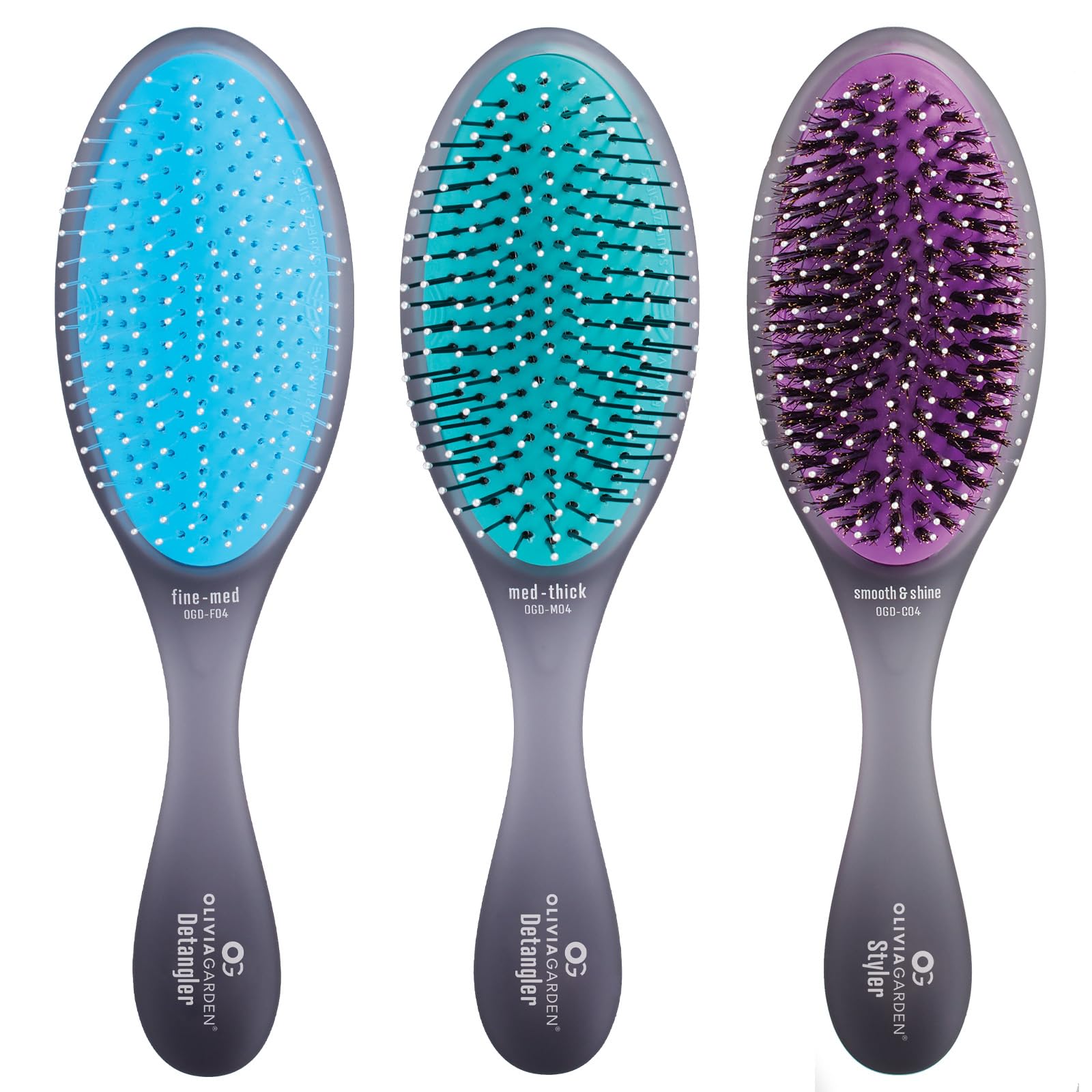 Olivia Garden Brush Collection, removable cushion, scalp hugging massages the scalp, 1 fine to medium, 1 medium to thick detangler, 1 smooth and shine styler, for wet or dry hair, 3-Piece Kit