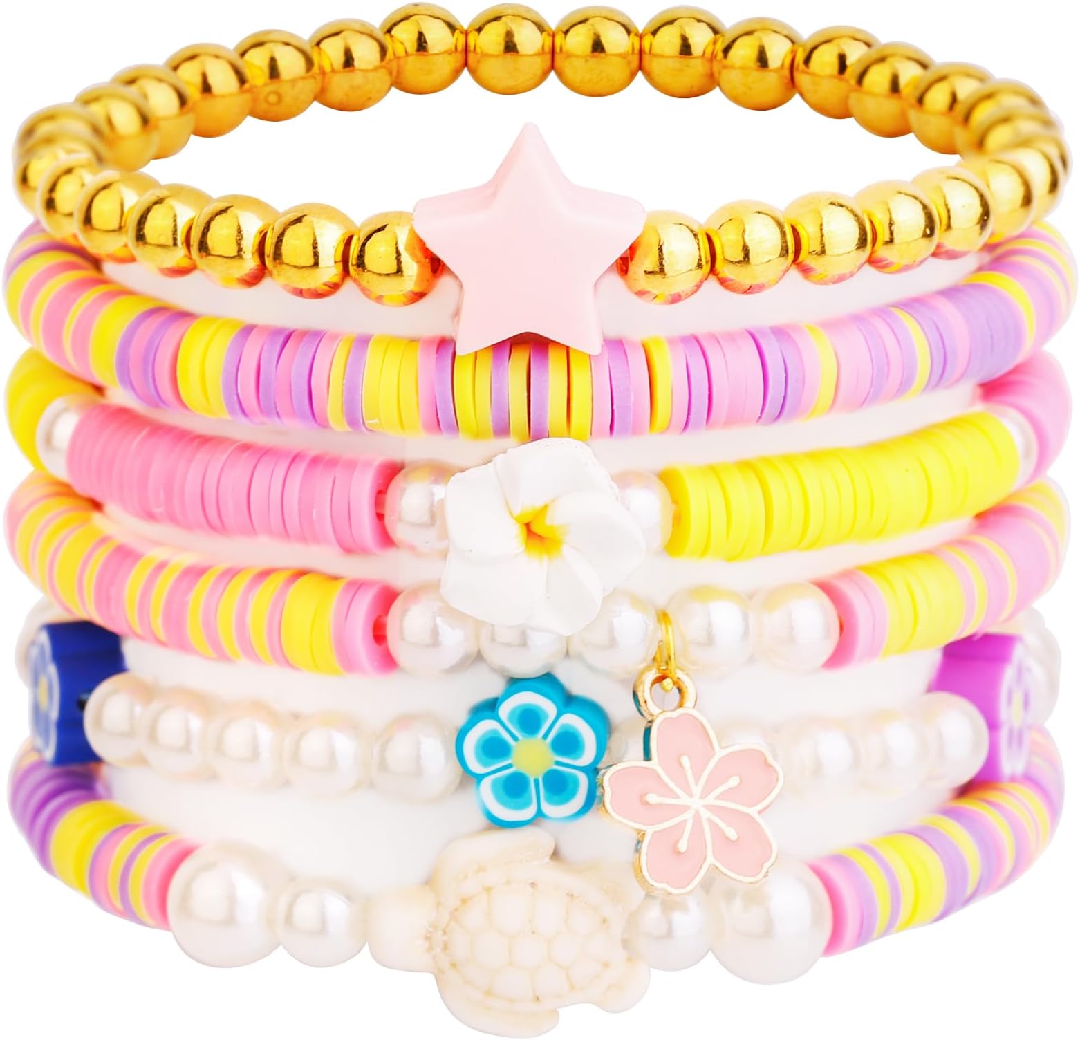 6PCS Clay Bead Bracelets for Women Preppy Cute Bracelets Jewelry Set Colorful Evil Eye Polymer Pearl Beaded Stretch Bracelets Jewelry for Womenโฆ