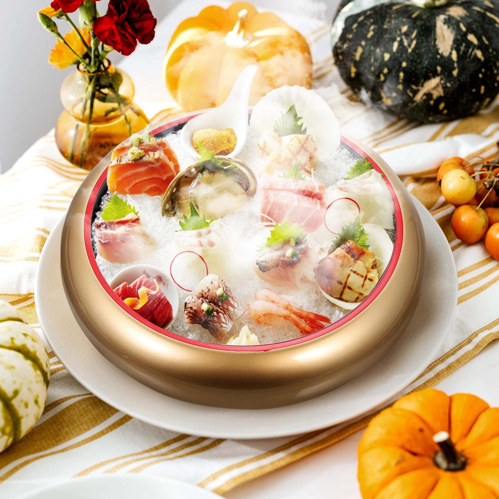 MAGICLULU Plat de Service à Sushi Rond en Plastique Or, Assiette à Sushis Pratique et Élégante pour Saumon, pour Présentation Simple et Raffinée