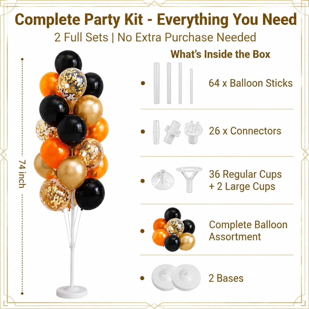 Balloon Column Kit Set of 2 With Balloons Included - with Base, and Pole,Balloon Tower Backdrop Decoration for Wedding, Baby Shower, Birthday Party, or Bachelorette Parties (Black Orange) image 2
