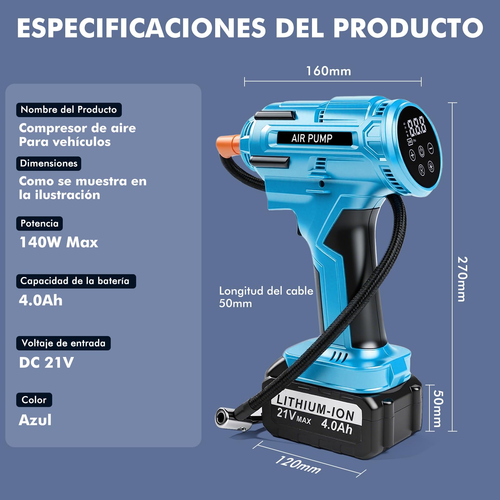 Inflador Ruedas Coche Portatil 150PSI con Batería Extraíble de 21V | Compresor Aire Inalámbrico, Apagado Automático, con Pantalla LCD, Luz LED para Coches Motos Bicicletas Pelotas