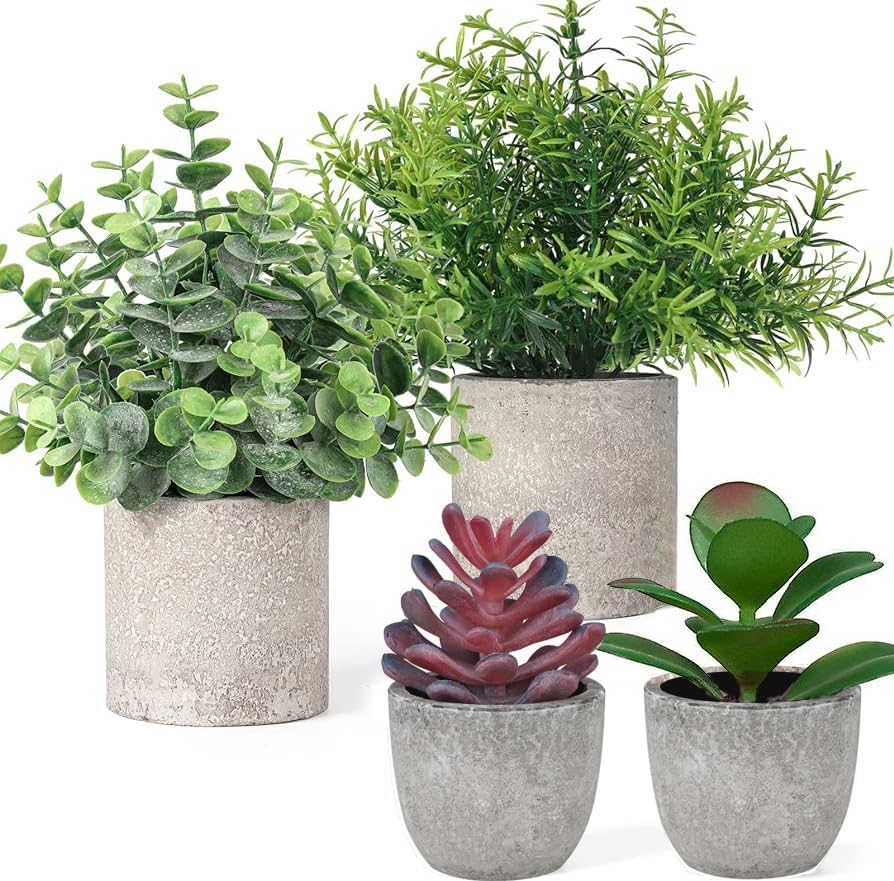EXYSH Fake Plants Set of 4 Artificial Plants Indoor Mini Pot Faux Plant Foliage Eucalyptus Rosemary Succulent for Coffee Table Home Room Decor Bedroom Office Kitchen Garden Shelf Desk & Outdoor