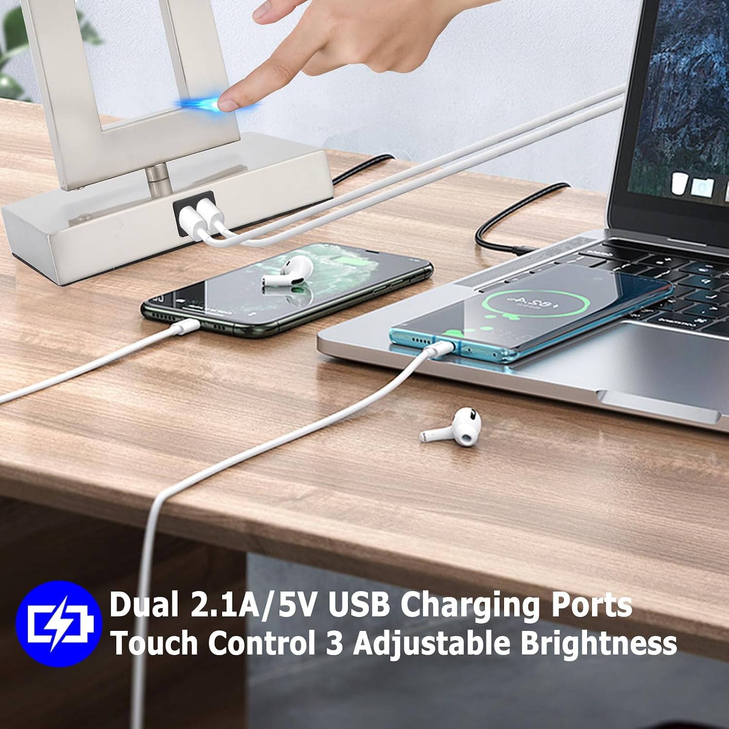 Condition photo showing New/Like New for 22'' lamps for bedrooms set of 2, touch control table lamps with 2 usb ports, 3-way dimmable bedside nightstand lamps, brushed nickel &white lamp for end table living room modern contemporary silver&white large