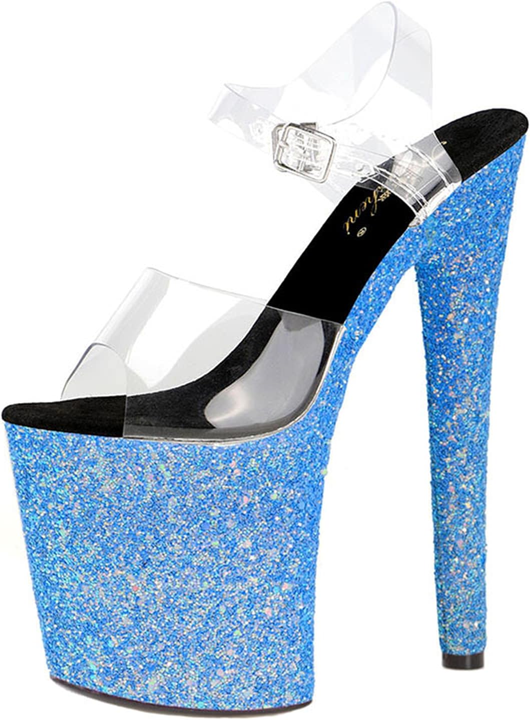 BeAUZQ 20CM Sexy Blue Sequins Sandals Fashion Clear Platform Stiletto High Heels Pumps Stripper party club pole dance Shoes Size 35-46EU