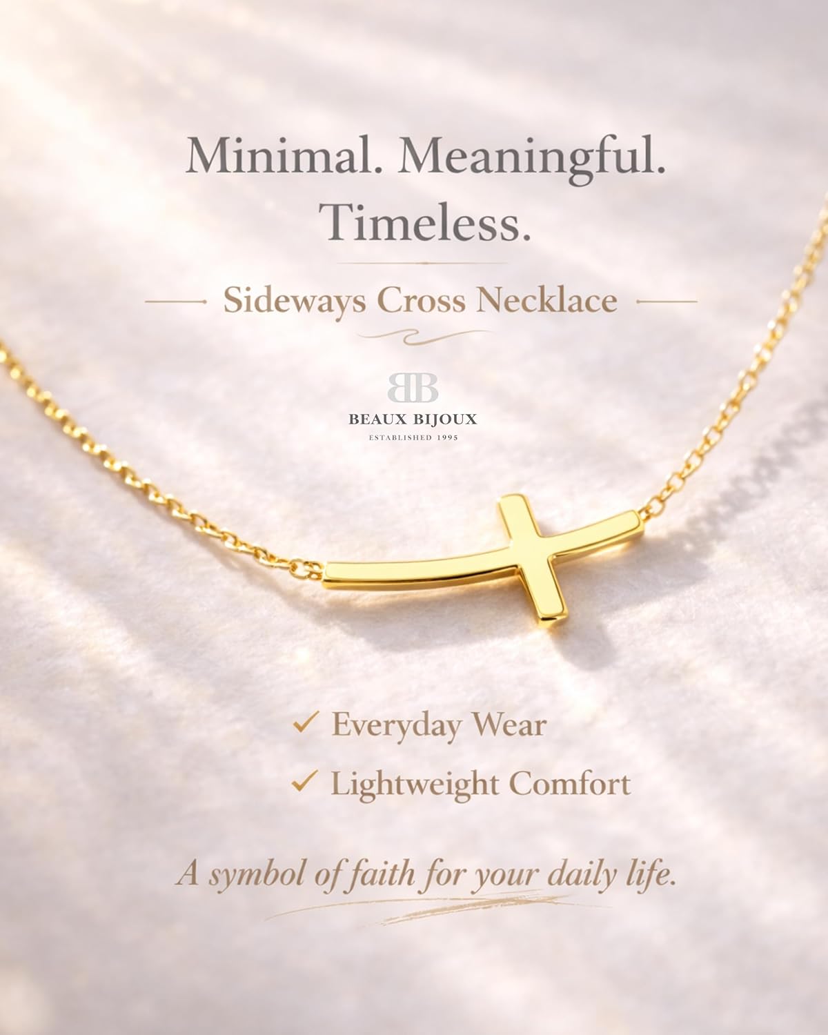 Beaux Bijoux Sterling Silver 14k Gold Plated Sideways Cross Necklace | Confirmation and Communion Jewelry | Curved Cross Pendant for Women