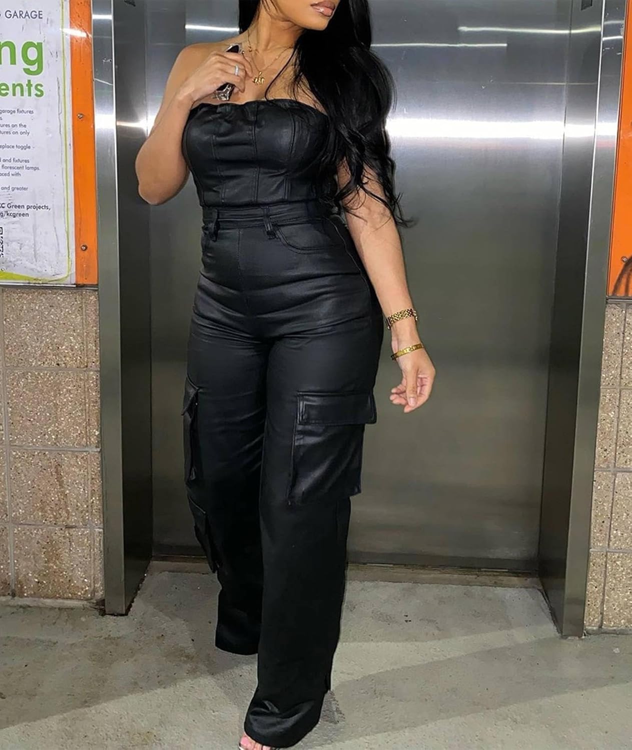 Sexyshine Women's Faux PU Leather Jumpsuit Sexy Off Shoulder High Waist Wide Leg Cargo Pants Long Rompers Overalls - Image 2