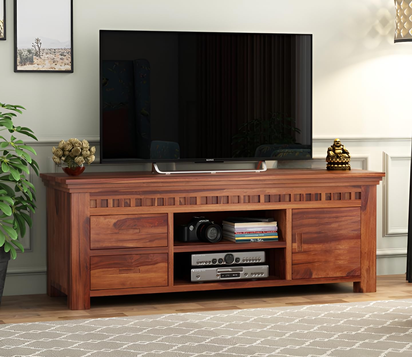 AISHAM Solid Sheesham Wood Wooden Tv Cabinet for Living Room,Hall & Bedroom|Tv Entertainment Unit with Storage Space Free Standing(Honey Finish)-image-24