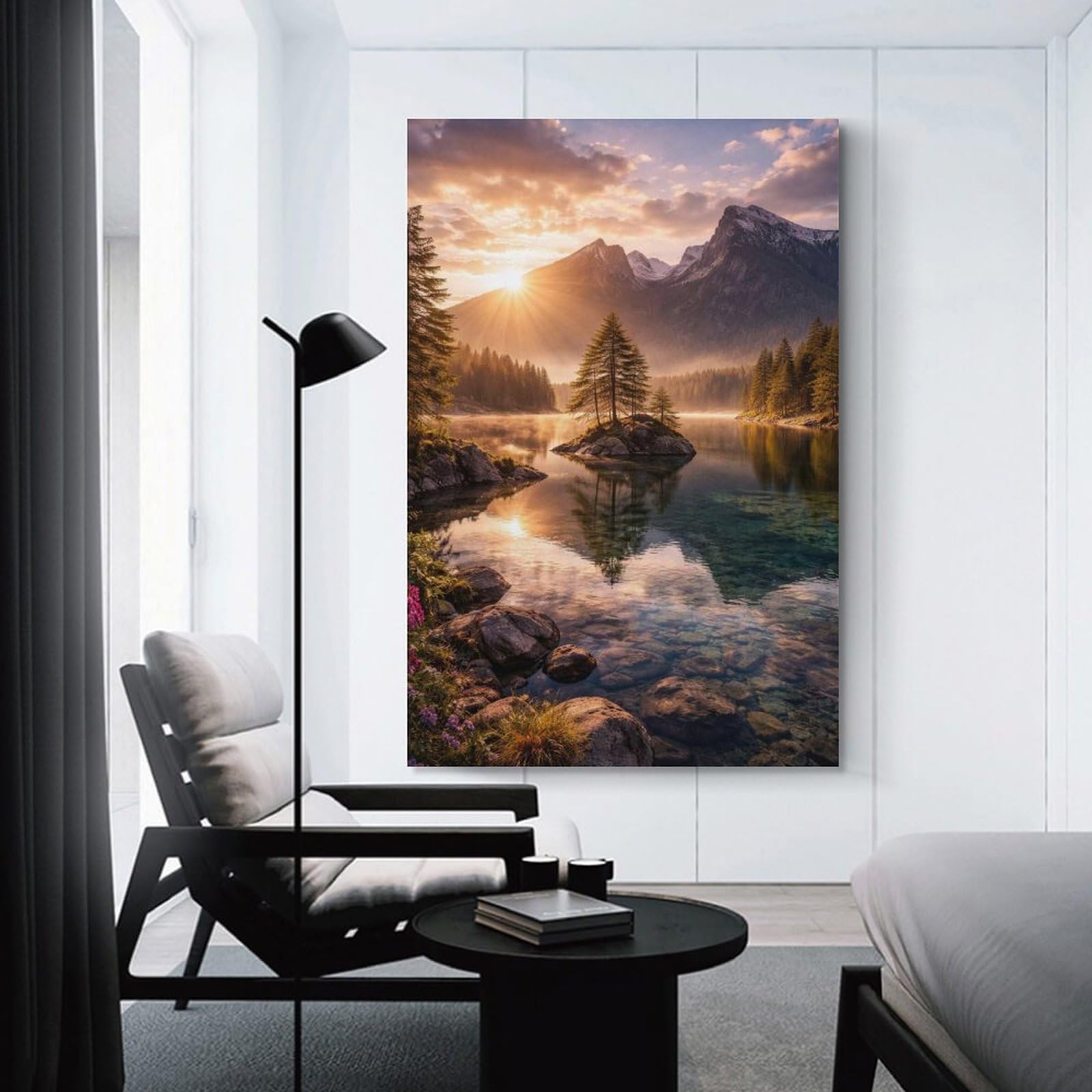 Junmoney Unframe-Style-2 Serene Mountain Lake Sunrise Wall Art Print, 20X30inch(50X75cm), For Living Room, Bedroom, Office Or Hallway, A Flexible Wall Accent For Shared Spaces