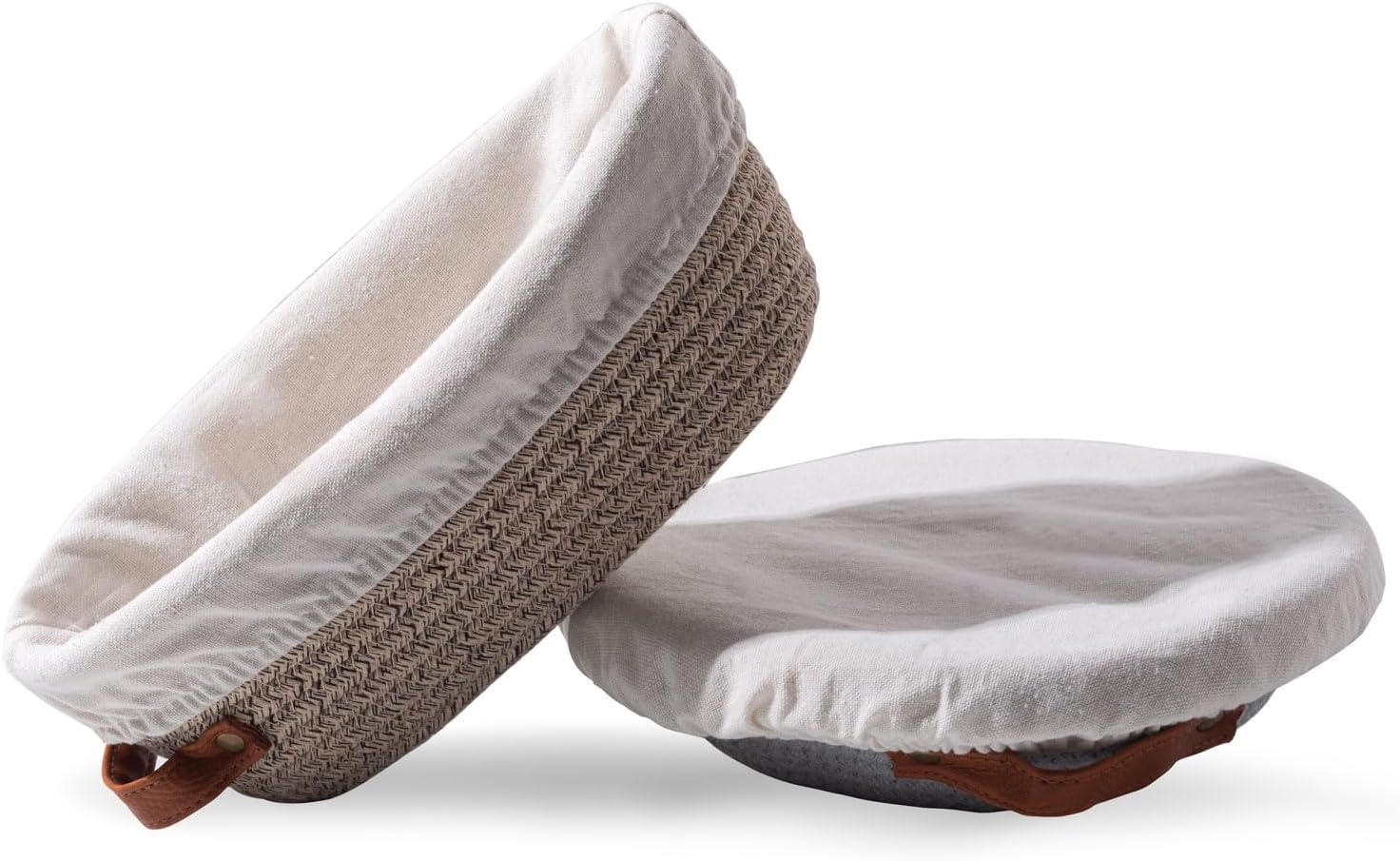 Round Cotton Rope Banneton Proofing Basket Set with Liner Cover, Sourdough Artisan Bread Dough Rising Baking Supplies (1 Oval Khaki & 1 Round Gray)