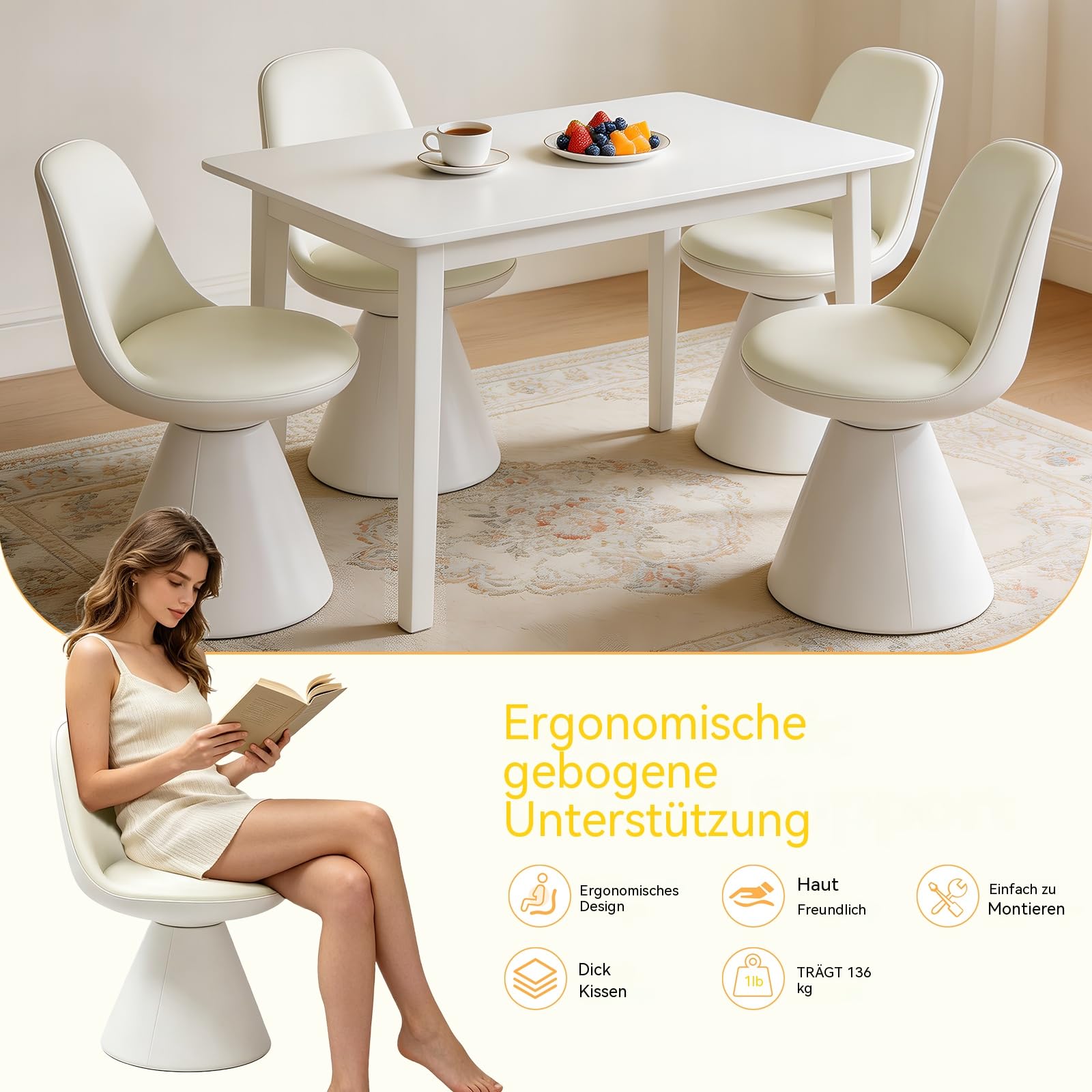 360° Drehbarer Schminkstuhl, Armlehnenfreier Schminkhocker, Esszimmerstuhl Mit Konischem Sockel-Design, Sitzfläche Aus PU-Leder, Geeignet Für Schminktisch, Schlafzimmer und Wohnzimmer