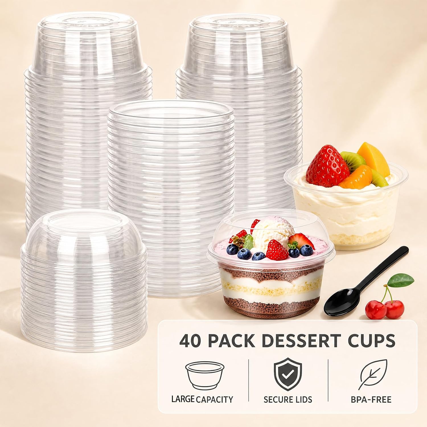 40 Pack 12 oz Plastic Dessert Cups with Dome Lids, Disposable Clear Acai Bowls Party Serving Bowls for Yogurt Parfait, Ice Cream, Cake, Snacks, Fruit, Milkshake, Pudding, Salad