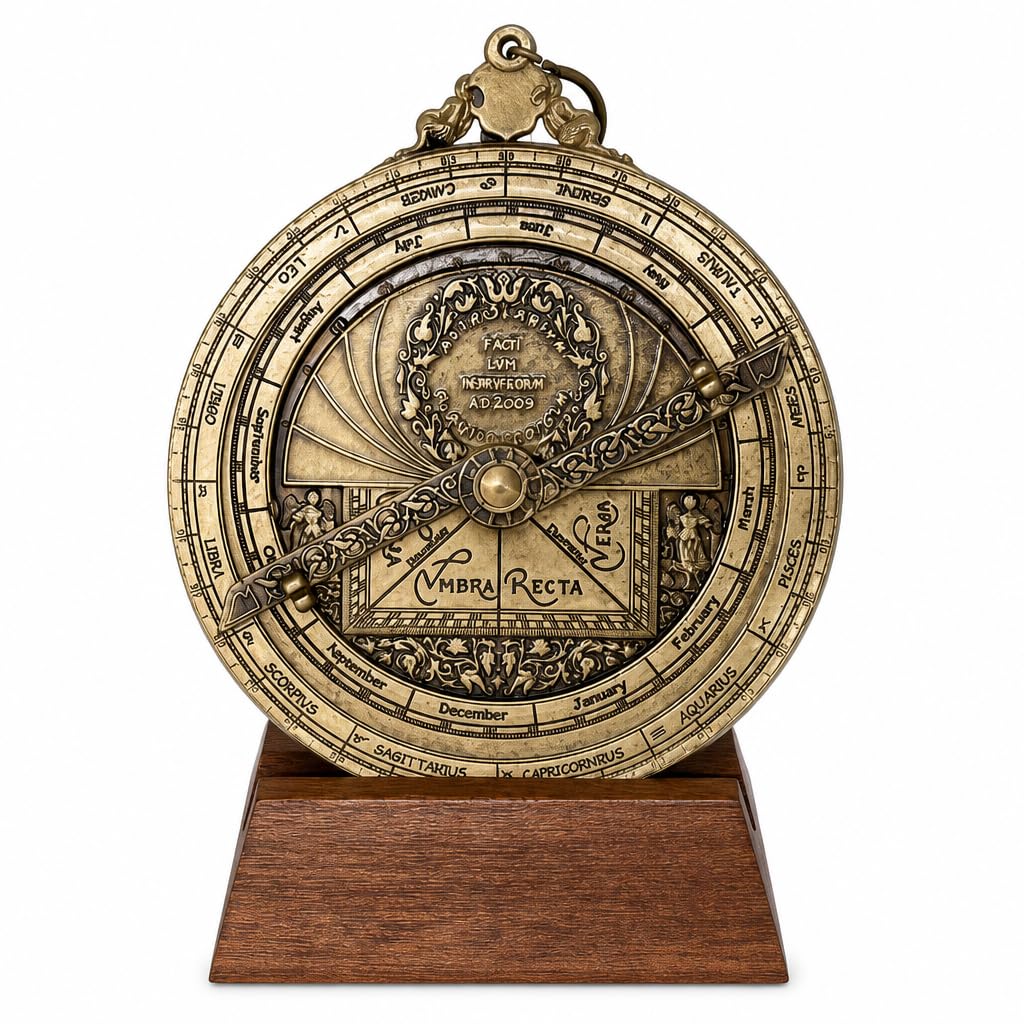Astrolabio Planisferico LHV 10 cm - Replica Historica de Instrumento Astronomico de Laton con Base de Madera. Calculado para 50 Grados de Latitud por el Dr. Luis Hidalgo Velayos