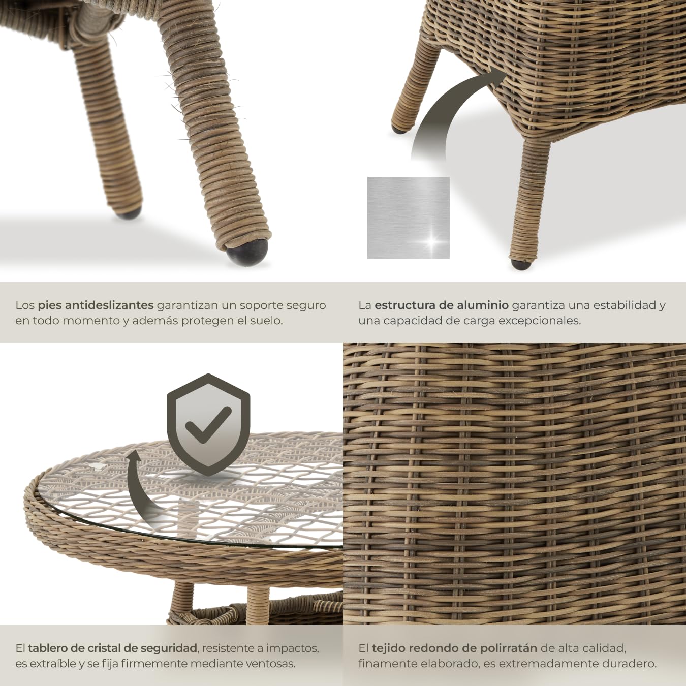 tectake® Mesa Jardín Exterior de Ratán y Aluminio Inoxidable, Mesa Terraza con Tablero Extraíble de Vidrio de Seguridad, Mueble Jardín Resistente a Intemperie, Topes en Patas, Fácil Montaje - Natural