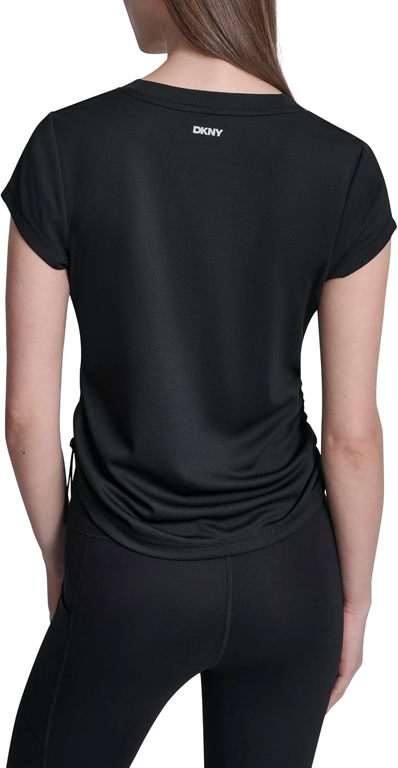 DKNY Women's Short Sleeve V-Neck Tech Ruched Side Seam Active T-Shirt