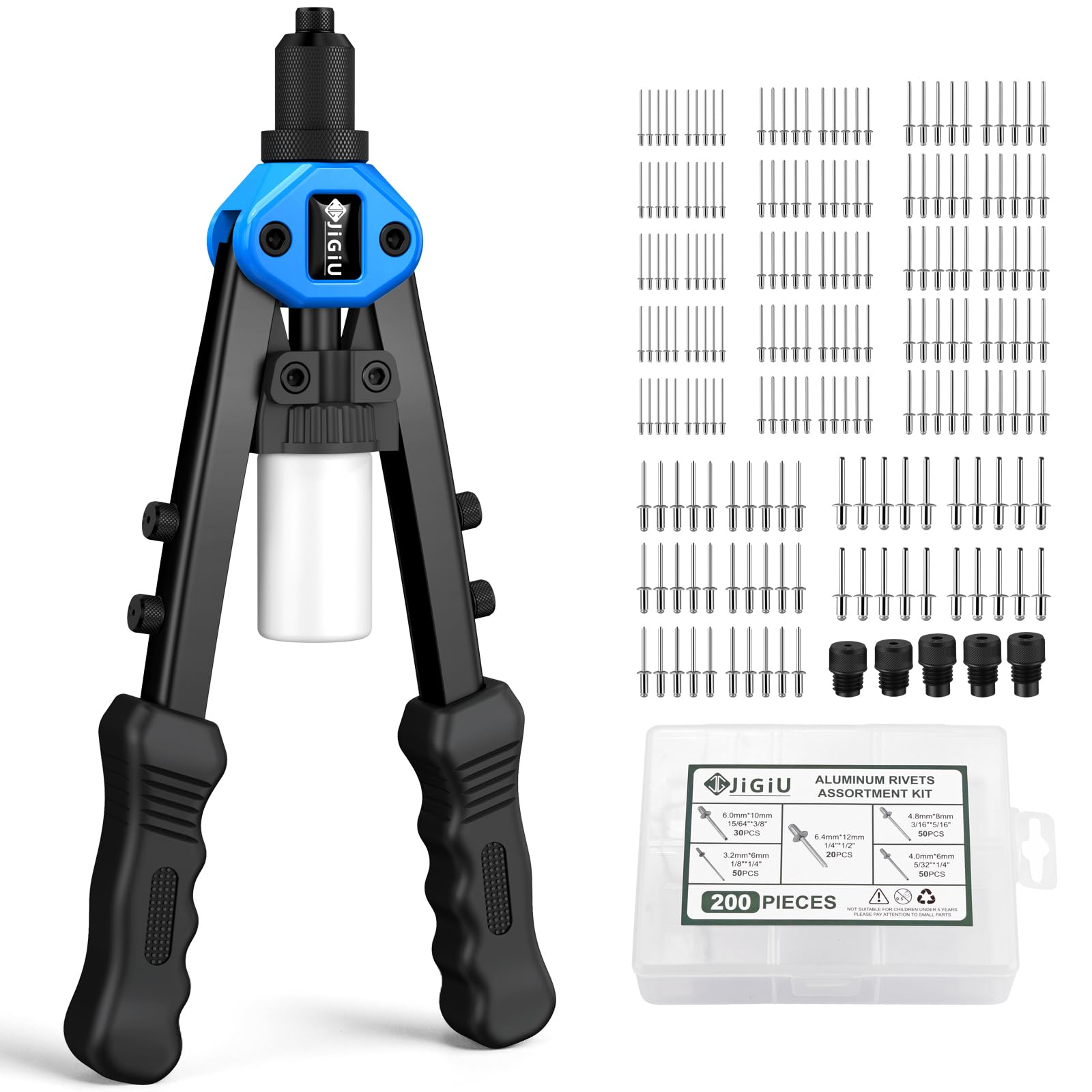 JiGiU 13" Professional Rivet Gun Rivet Tool Pop Rivet Gun Kit Hand Riveter Tool Set including 200Pcs Rivets 3.2mm 4.0mm 4.8mm 6.0MM 6.4mm Riveter Tool for Automotive Railway Furniture Instrument-Blue