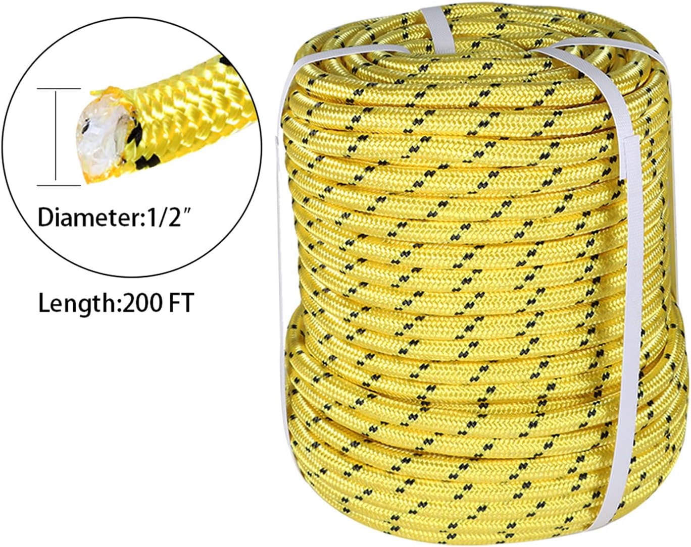 TINVHY 1/2In x 200FT Arborist Bull Rope Double Braid Polyester Rigging Hoisting Line High Strength Tree Rope,Yellow & Black