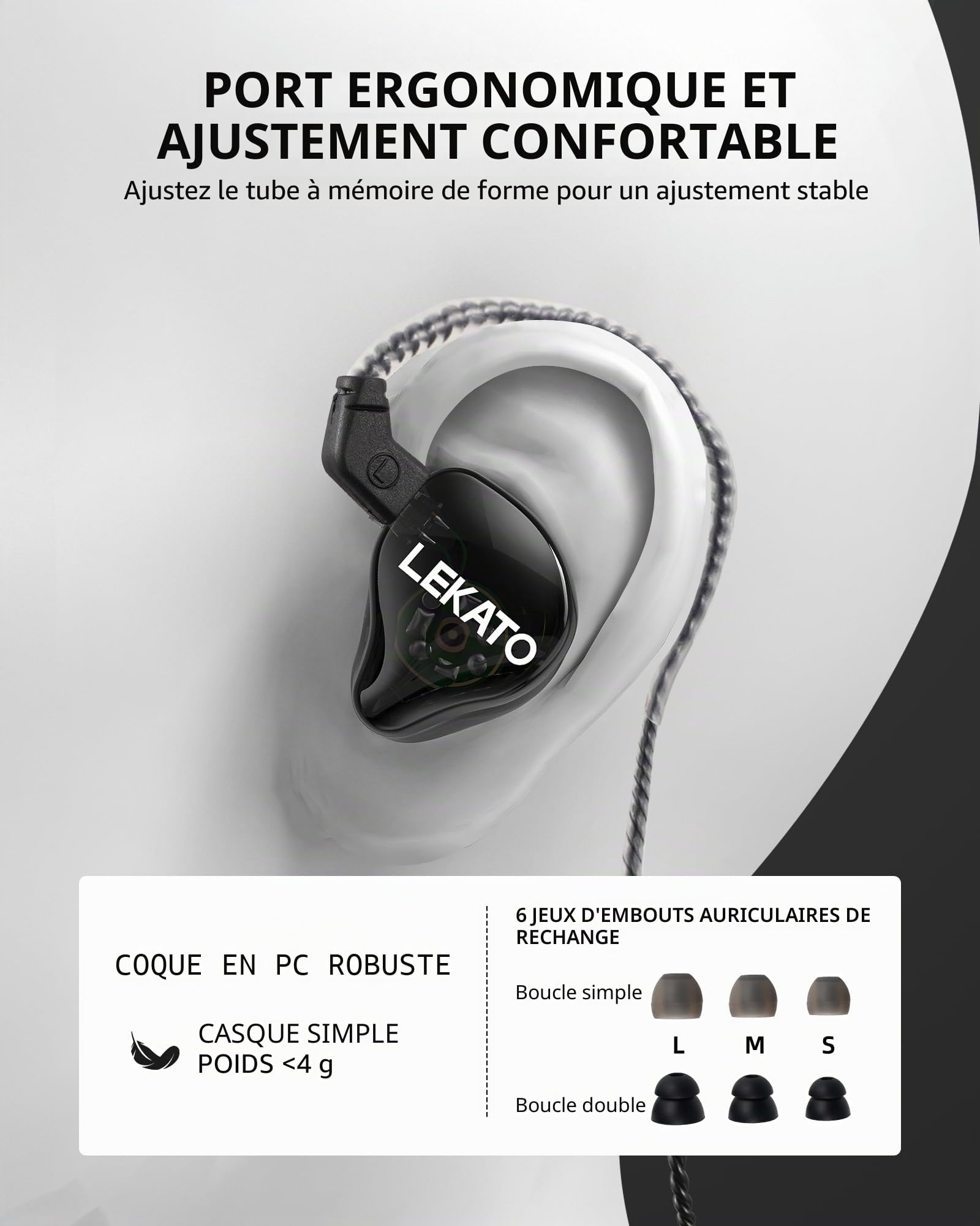 LEKATO H5 Casque Intra-auriculaire Écouteurs Hybrides HiFi IEM pour Musiciens Câble Détachable 2 Broches 1BA+1DD Écouteurs de Jeu Filaires Isolation Sonore Basse Profonde Professionnelle (sans Micro)