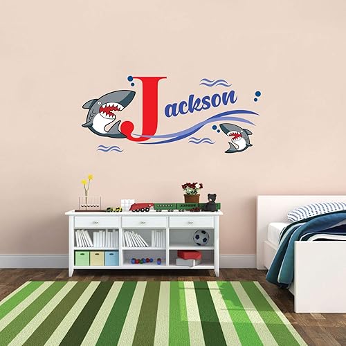 Calcomanía de pared personalizada con nombre  Sharks Attacking  Calcomanía de vinilo para habitación del hogar y niños