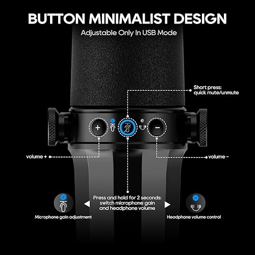 Miniatura 6 de FDUCE SL40 USBXLR Micrófono dinámico para podcasting, juegos, transmisión en vivo y grabación, salida de auriculares integrada, botón de silencio