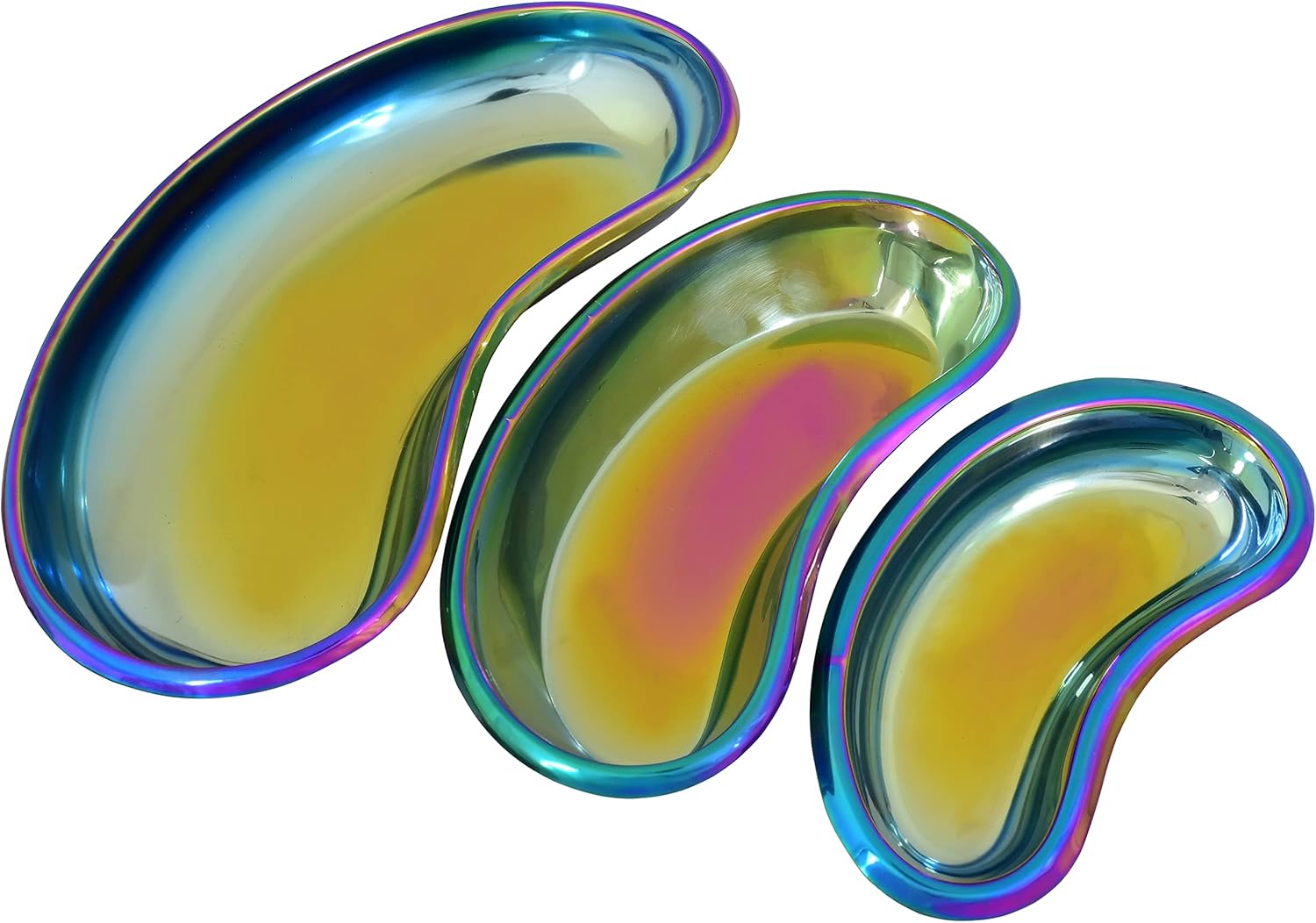 Multi Rainbow Color (6" + 8" + 10") Kidney Tray Stainless Steel, Kidney Shaped Emesis Basin, Dental Lab Instruments Surgical Trays, Reusable Metal Kidney Dish,for Soiled Dressings, Medic Waster