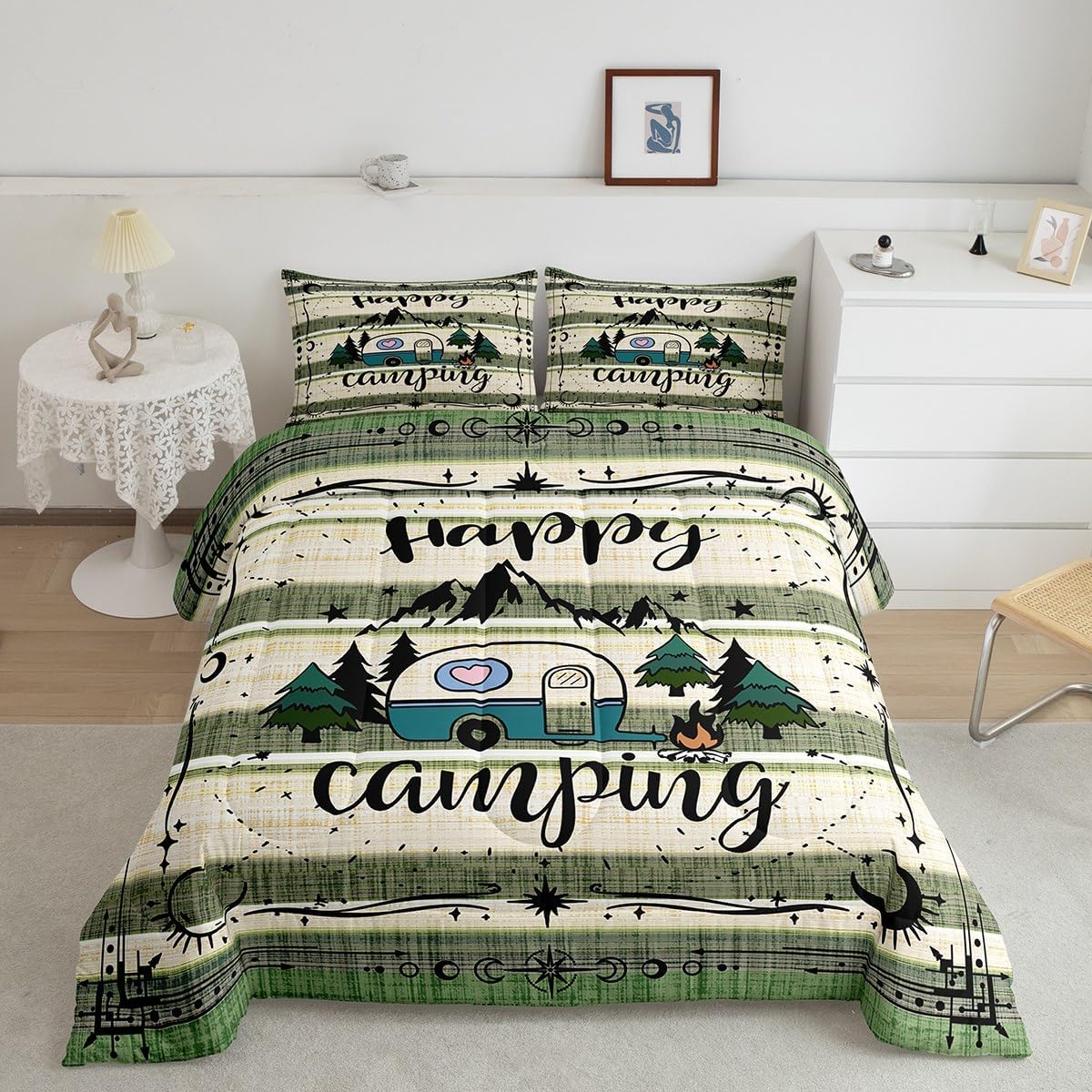 Erosebridal Camping Decor for Camper Comforter Set Lodge Cabin Camp Travel Car Bedding Set, Happy Glamping Trailer Quilt Queen, Vintage Farmhouse Beige Green Cottage Plank Rustic Home Decor