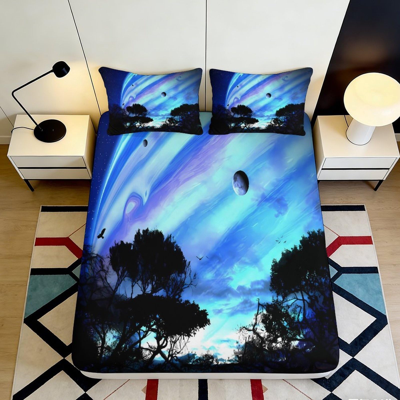 Pnayamiorkfel Style-3 3D Printed Aurora Planet Fitted Sheet Microfiber Soft Breathable Nebula Mattress Cover Bedroom Decor 90X200x25cm