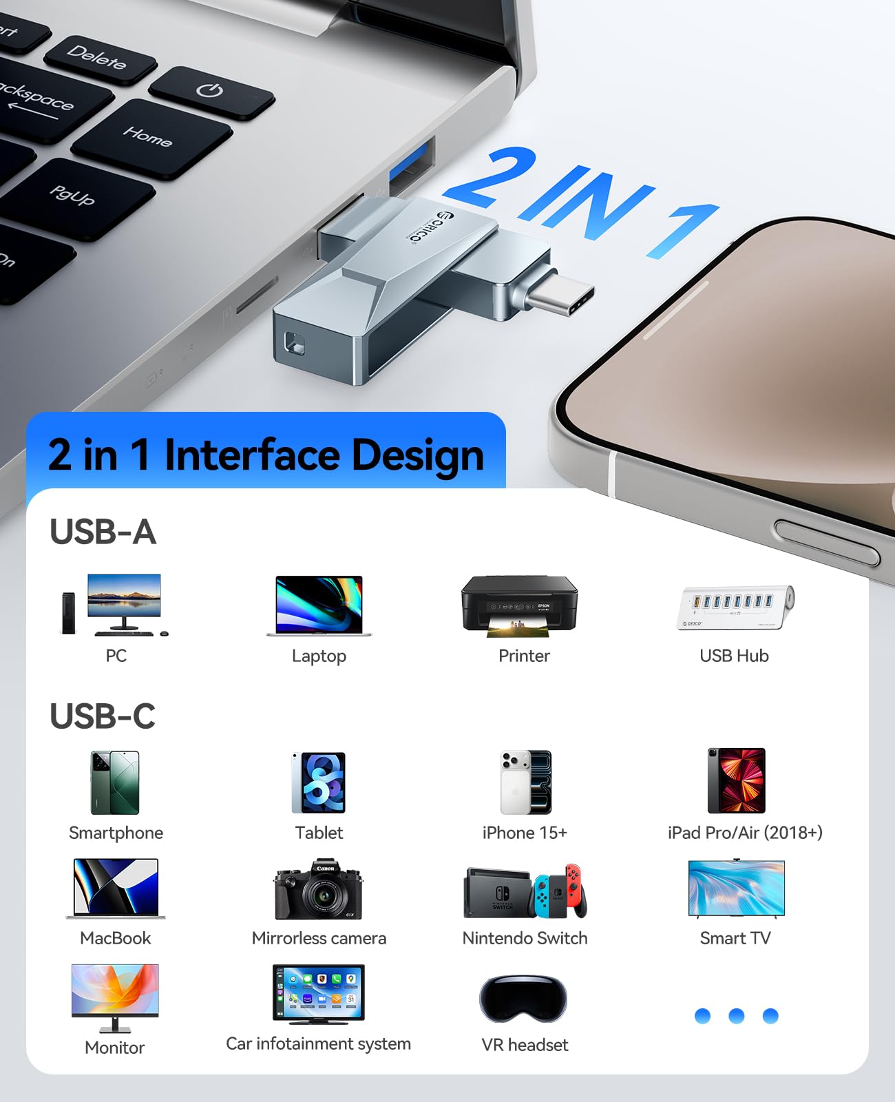 ORICO Pamięć flash USB-C i USB-A 128 GB, 150 MB/S, metalowa obudowa, obrotowa konstrukcja, obsługa funkcji OTG, 2 w 1, pendrive do urządzeń USB C i USB A, CB05 BL