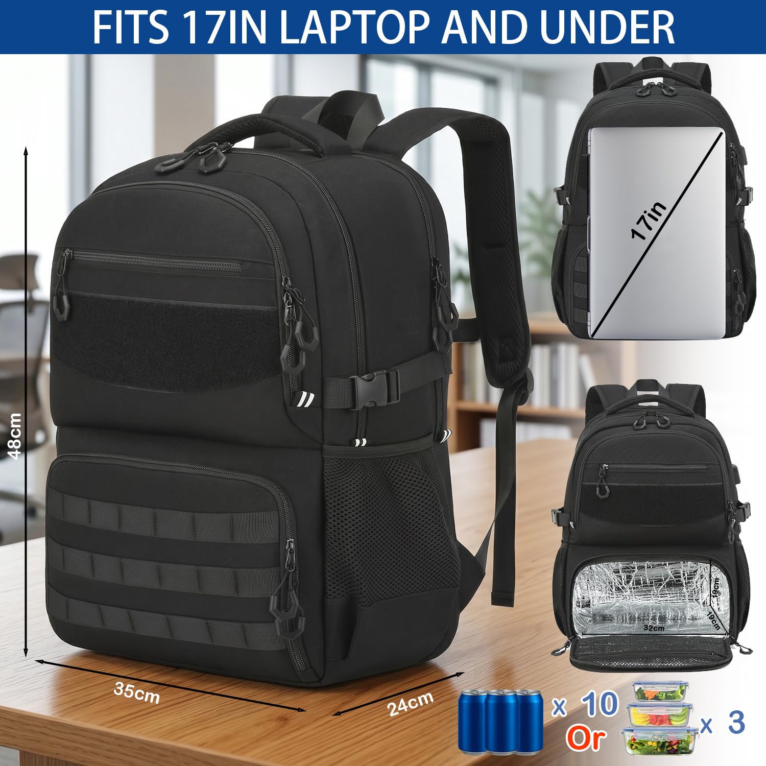 Sac à dos pour ordinateur portable 17" avec compartiment isotherme 40 l Sac à dos de travail pour homme | Sac à dos thermique imperméable pour randonnée, voyage, extérieur, cadeau pour homme/père