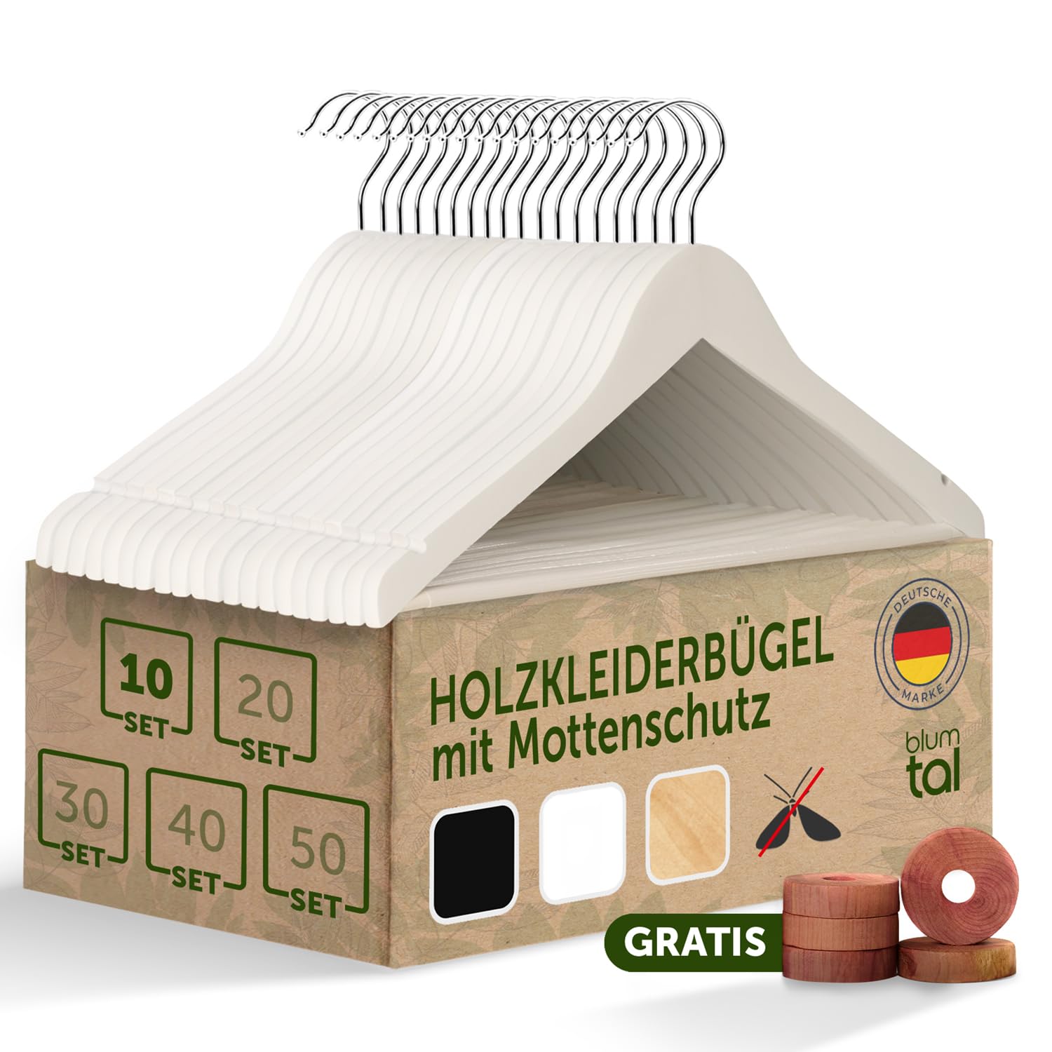 Blumtal Kleiderbügel Holz 10er Set - Holzbügel mit 360° drehbarem Metallhaken - Kleiderbügel Weiß + Zedernholz Mottenschutz - Kleiderbügel Holz Weiss + Anti-Rutsch-Schicht & Einkerbungen - Coat Hanger