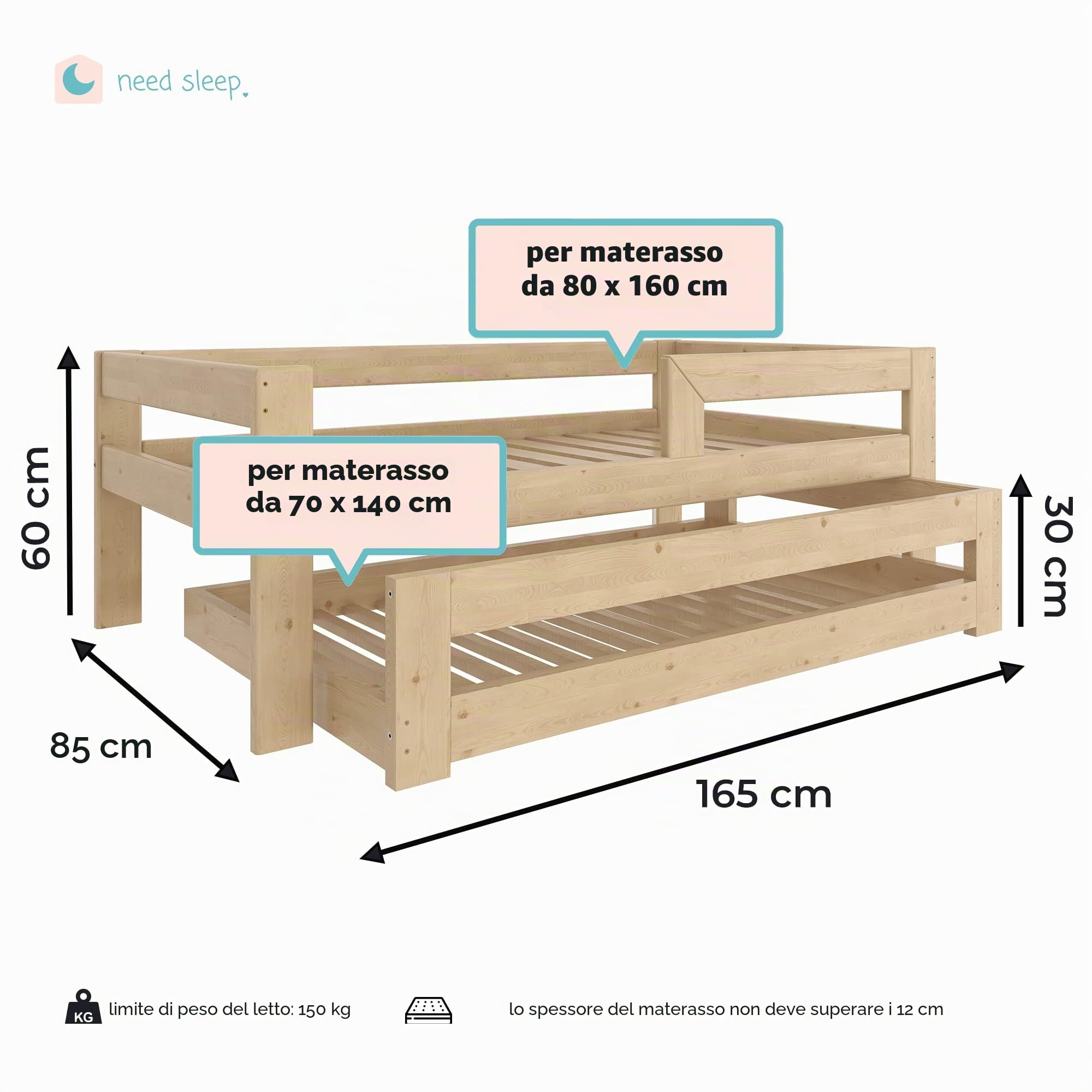 Need Sleep letto singolo con letto estraibile per bambini 160x80/140x70