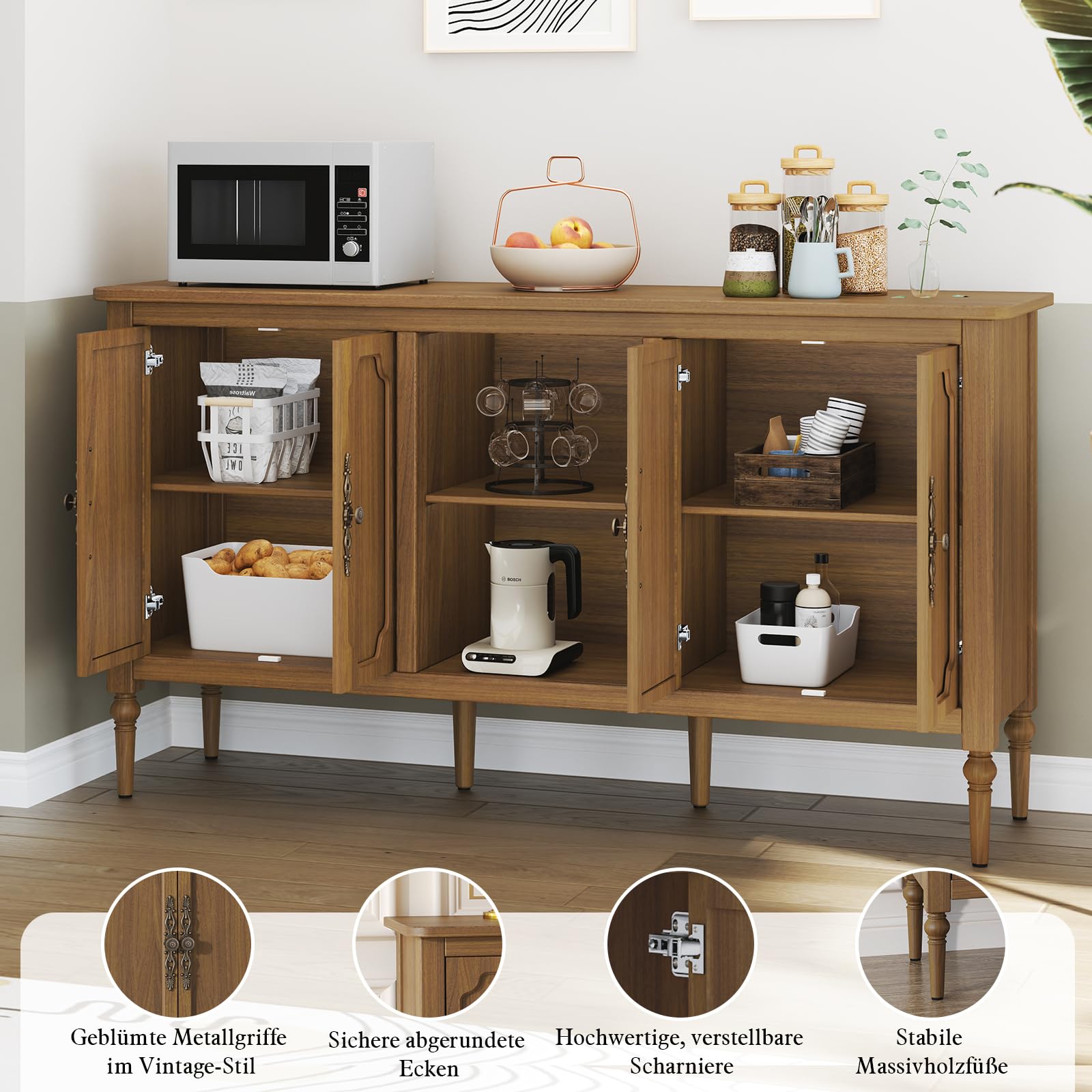 HOLTICO Kommode mit 4 Türen und Offenes Schrank, Vintage Akzent Sideboard Buffet Schrank Holz, Braun Kommoden & Sideboards für Wohnzimmer, Esszimmer, Küche