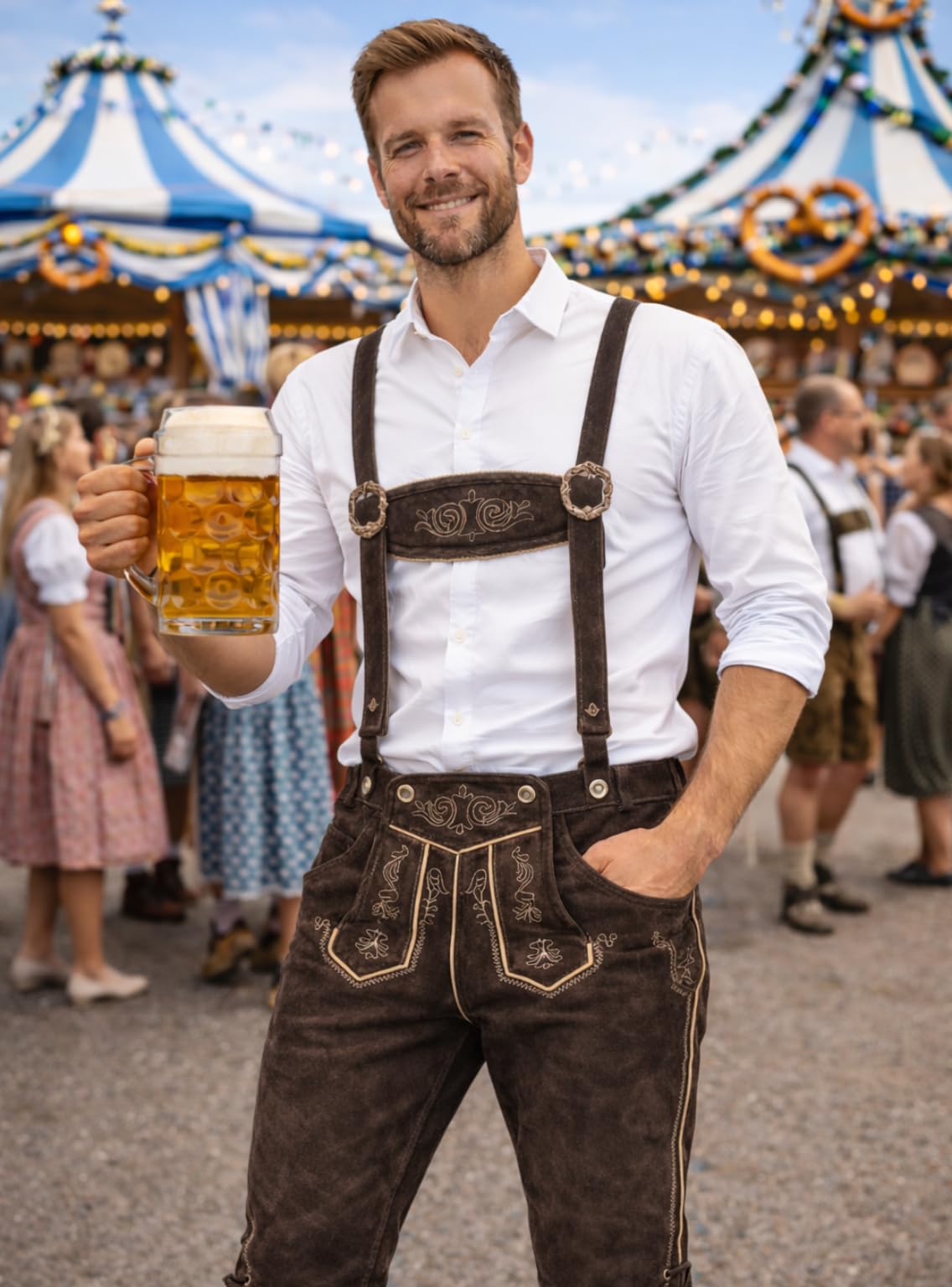 PAULGOS Herren Trachten Lederhose + Träger, Echtes Leder, Kniebund Übergröße in 4 Farben Gr. 44-72
