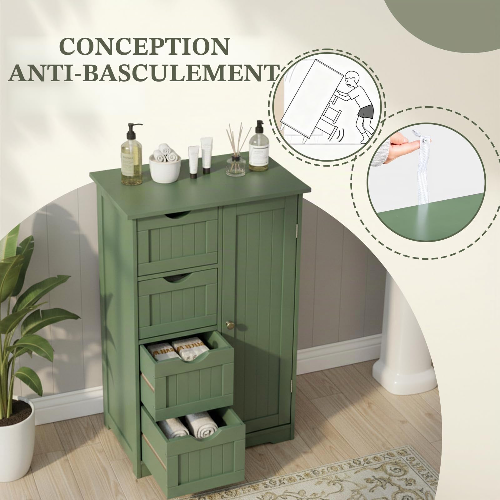 LEADZM Meuble Salle de Bain Rangement，avec étagères Réglables Vert Forêt | équipé de 4 Tiroirs, Convient pour Le Salon，la Cuisine，la Chambre à Coucher，Conception Anti-basculement